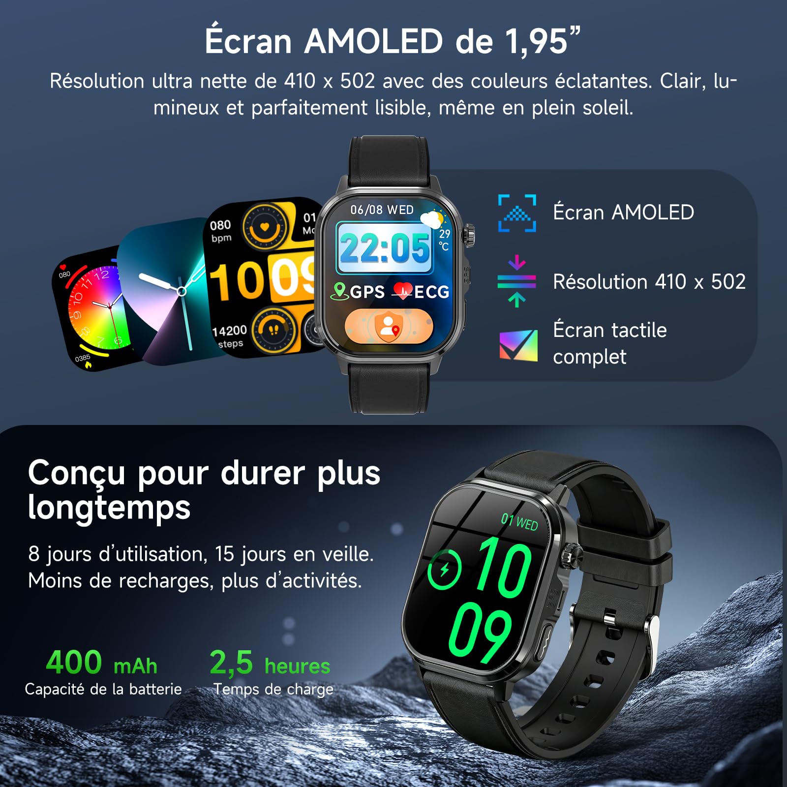 GPS Montre Connectée Homme ave AI-GPT/ECG/VFC/Pressιon artérιelle/IMC