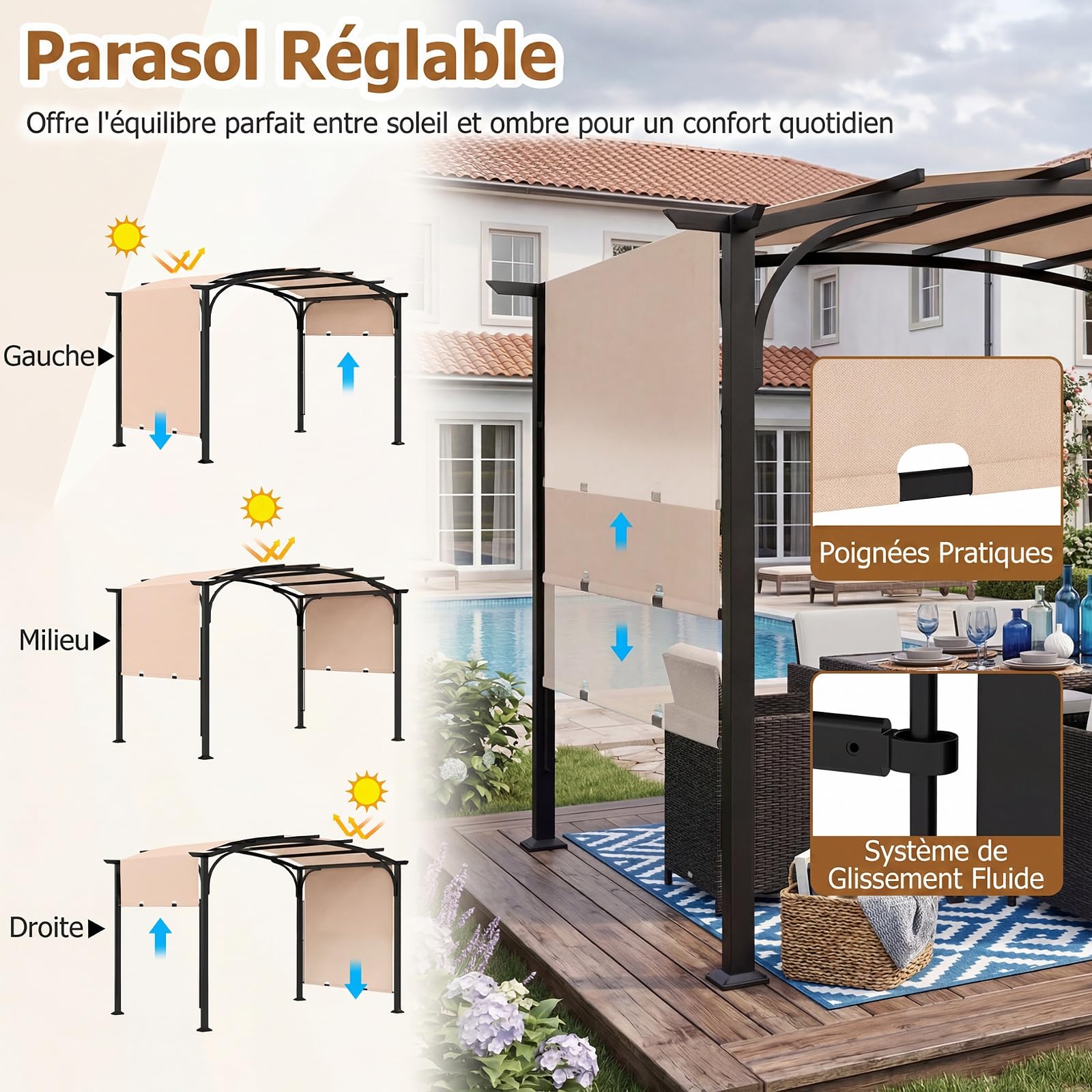 COSTWAY 305 x 242 CM Pergola Rétractable, Pergola de Jardin Extérieur avec Toit Courbé, Cadre Métal, 8 Piquets, Toile Polyester Anti-Soleil, Abri pour Terrasse, Patio, Piscine, Design Moderne (Beige)