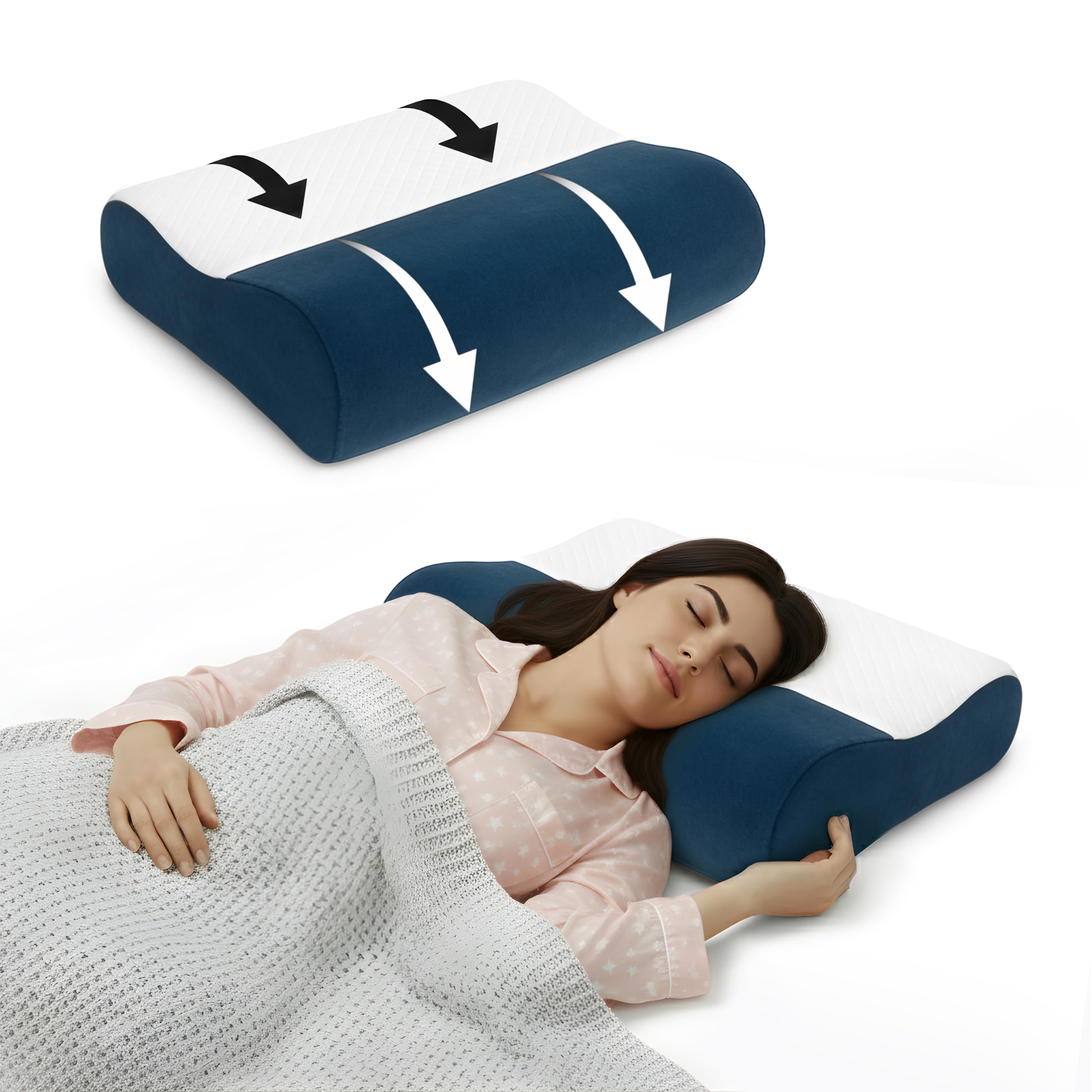 Orthopedic Memory Foam Pillow, Wave Cervical Contour Breathable Design, Ergonomic Cushion for Neck and Shoulder Support, Soft Velvet Washable Cover, 6cm & 9cm Dual Height, Sky