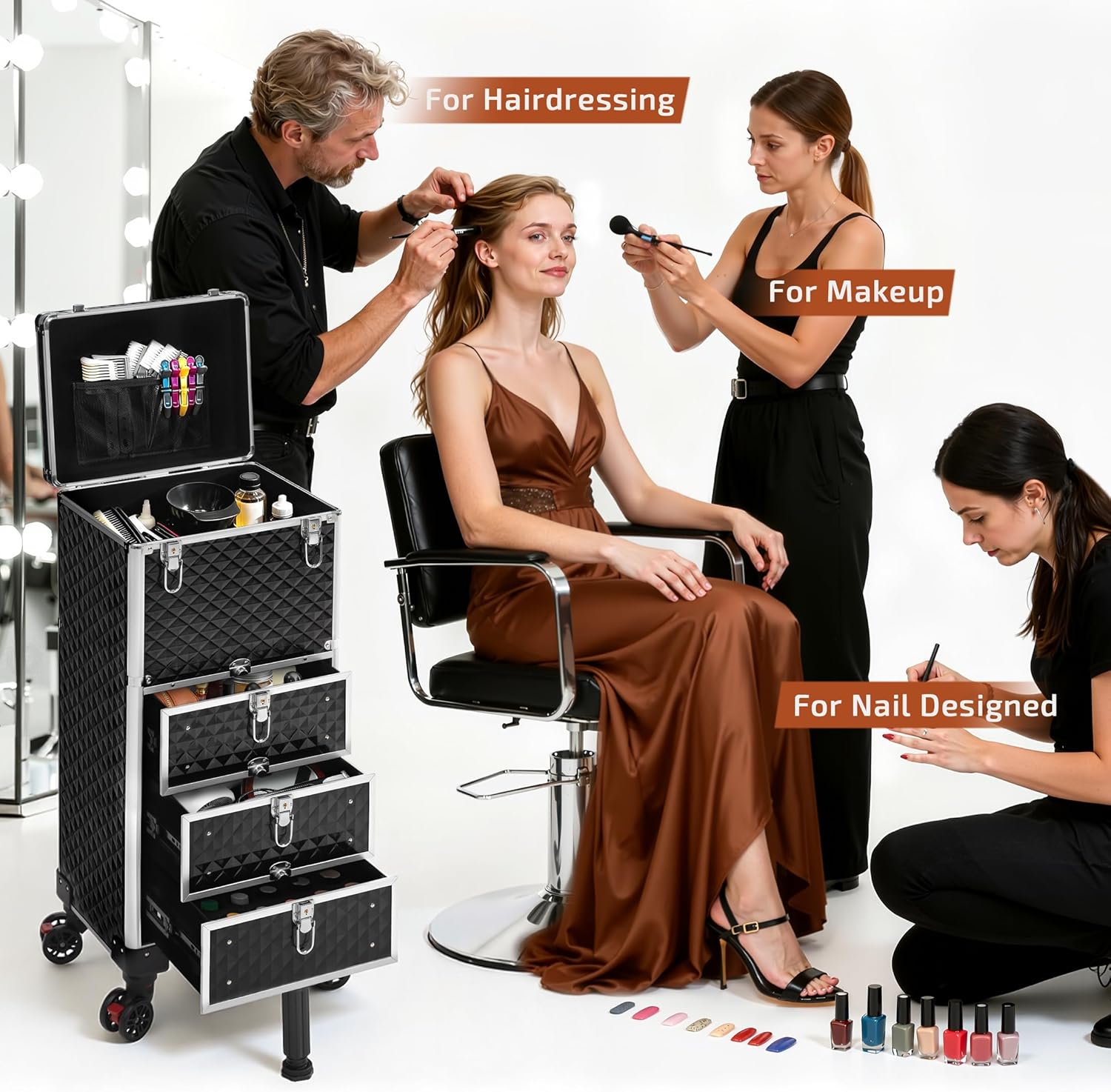 Rolling Makeup Train Case with 3 Drawers, Nail Trolley Cart Salon Station Cosmetology Case on Wheels Organizer Cases for Nail Tech,SPA,Face Painting,Hairstylist,Makeup Artist (Silver & Black) - Image 3