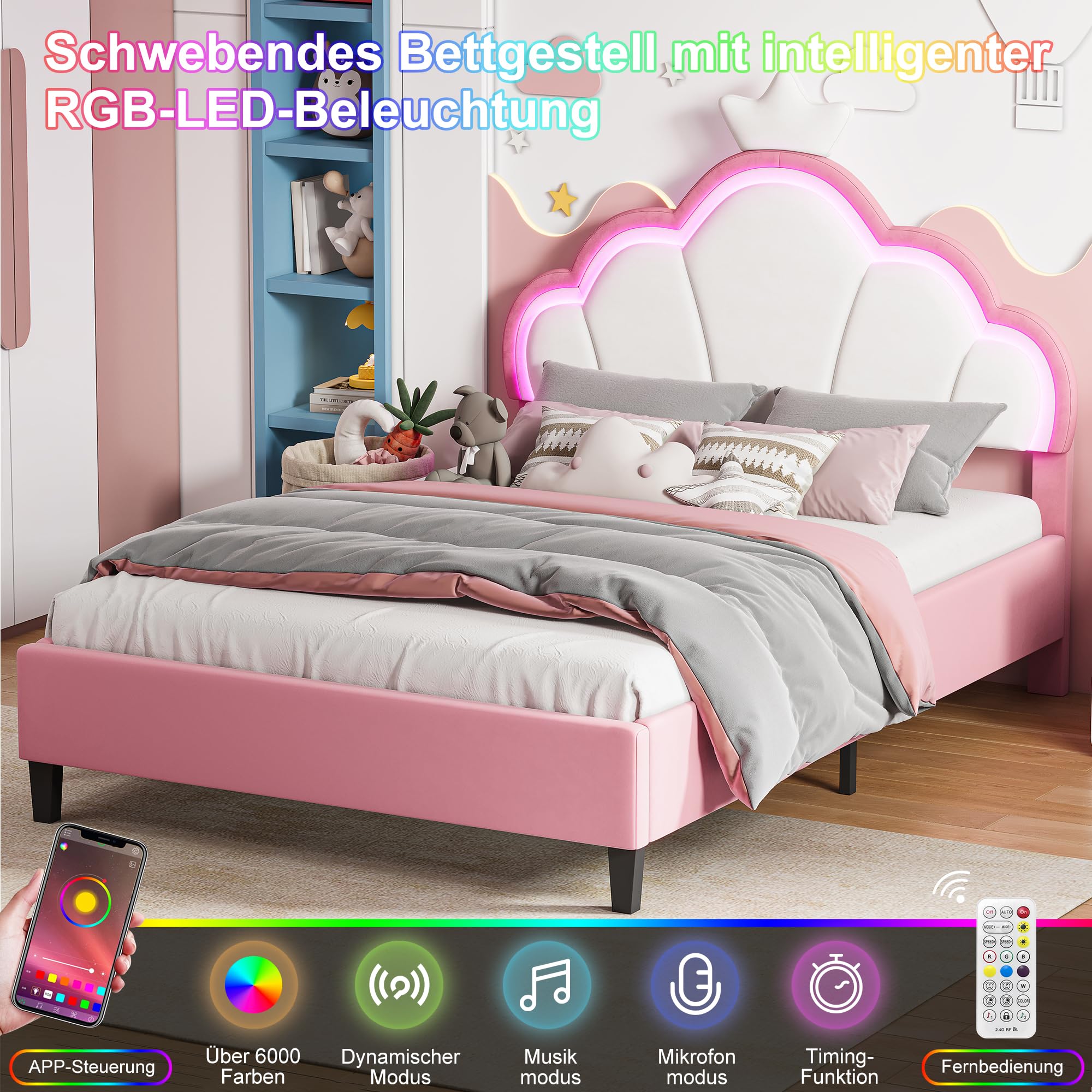Letto imbottito 140x190 cm per ragazze, struttura letto per bambini con testata regolabile Crown e rete a doghe, letto da principessa, letto matrimoniale per bambini e adolescenti, senza