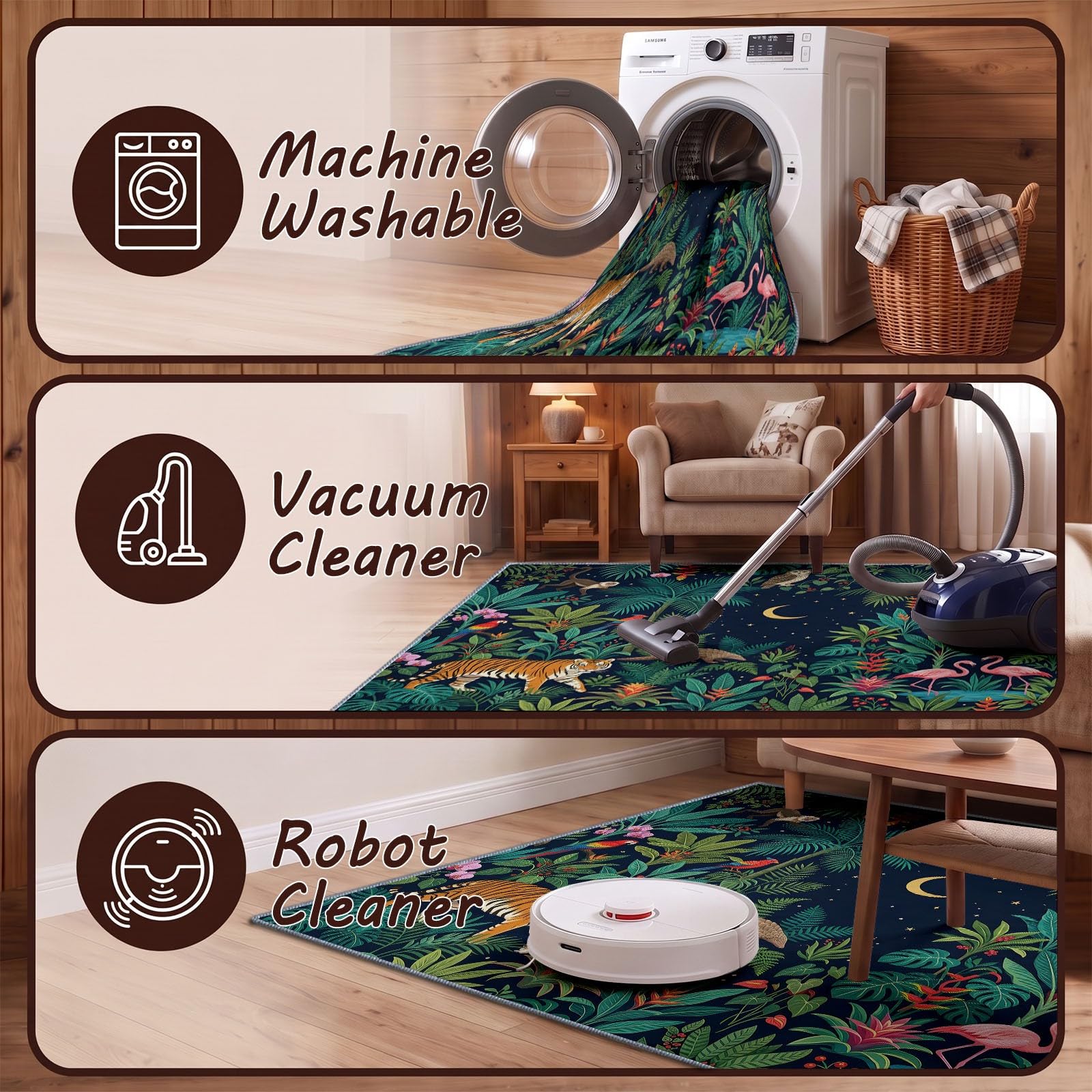 Tapis Vert Luxe Plante Animal Tigre, 140 x 200 cm Vintage Bohème Tapis Salon Lavable Dos en Caoutchouc Antidérapant, pour Chambre à Coucher Cuisine Salle à Manger