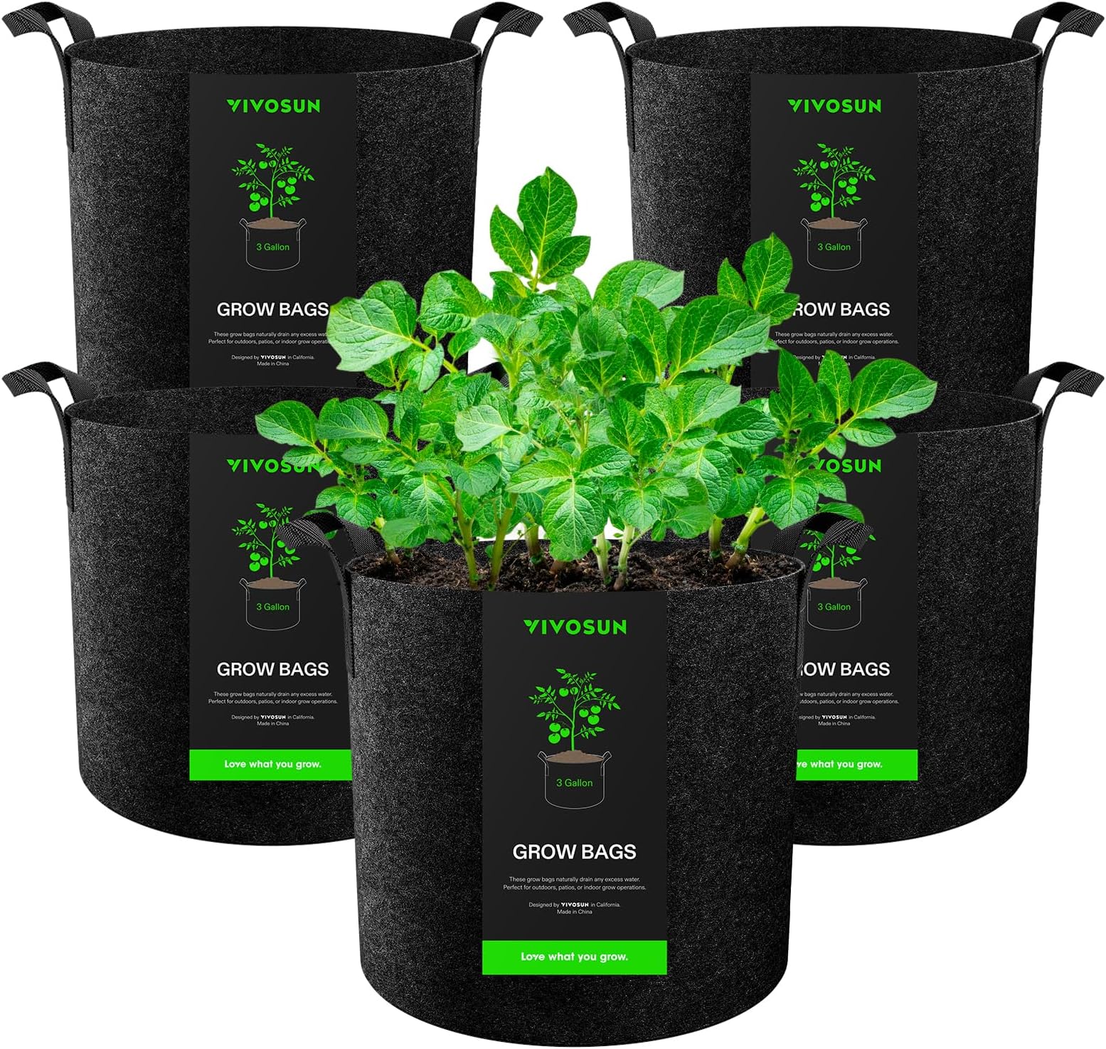 VIVOSUN 5-Pack 3 Gallon Plant Grow Bags, Series Thichkened Non-Woven Aeration Fabric Pots w/Handles - Reinforced Weight Capacity & Extremely Durable (Black)