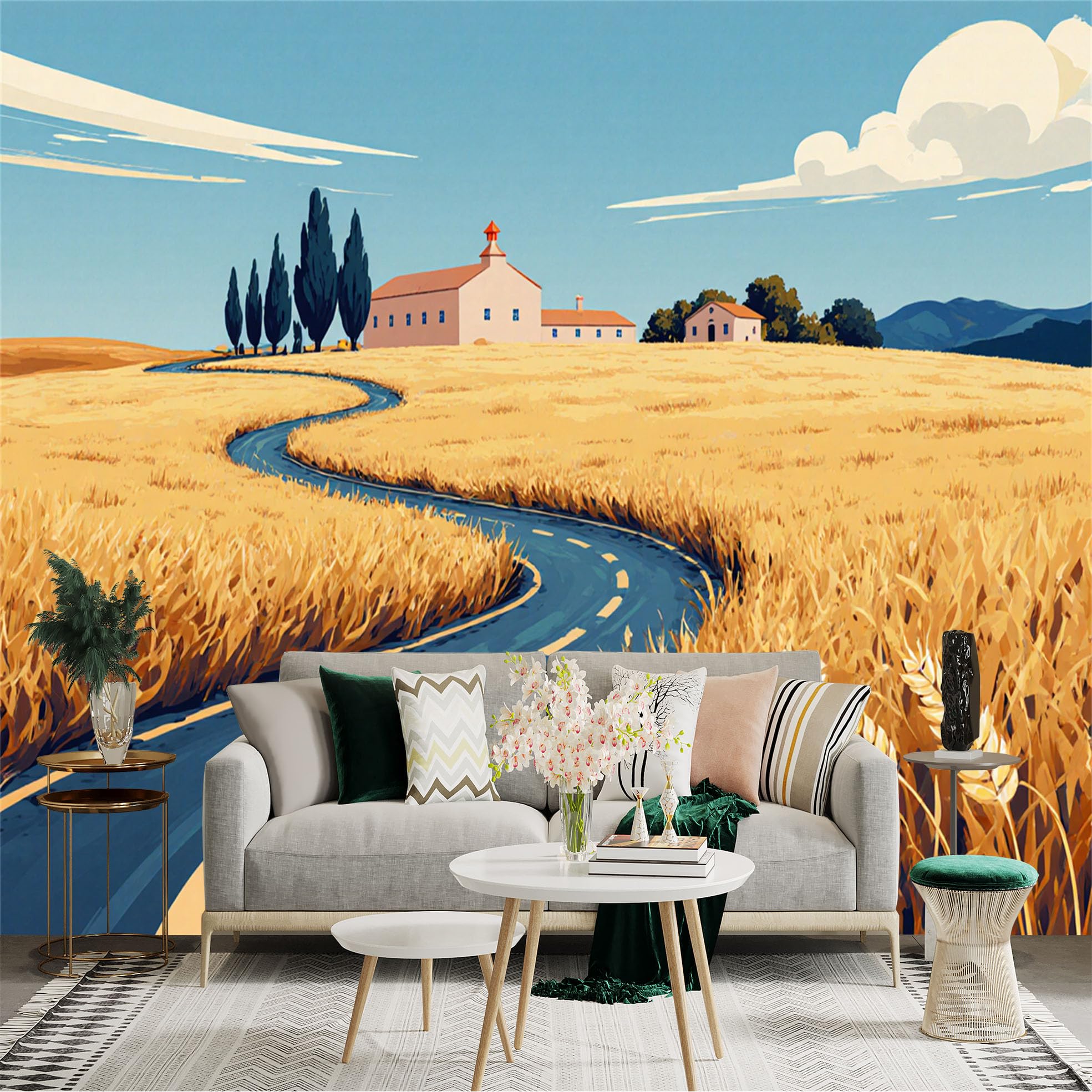 Custom Size Wall Sticker Mural， Winding Road Through Golden Wheat Field， Countryside Farmhouse Landscape， Sunny Rural Scenery， for wall Decoration， peelandstick wall Decals.