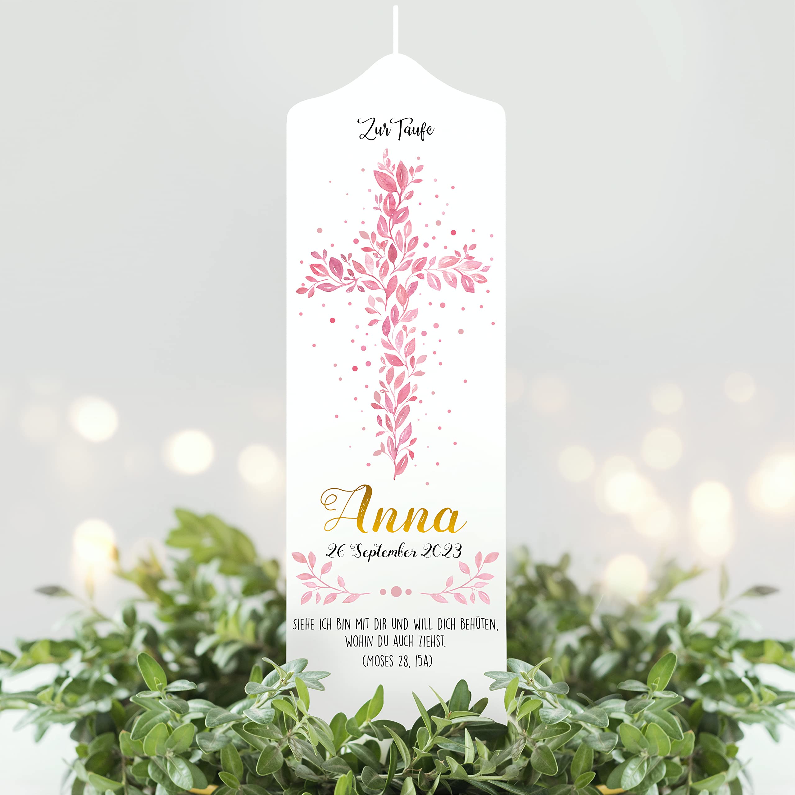 Wandtattoo Loft Taufkerze Mädchen mit Taufspruch, Motiv Heiliges Kreuz aus rosa Blättern, 25cm x 8cm, personalisierte Kerze, bedruckte rosa Kerze Taufe, Stumpenkerze, individuelles Taufgeschenk