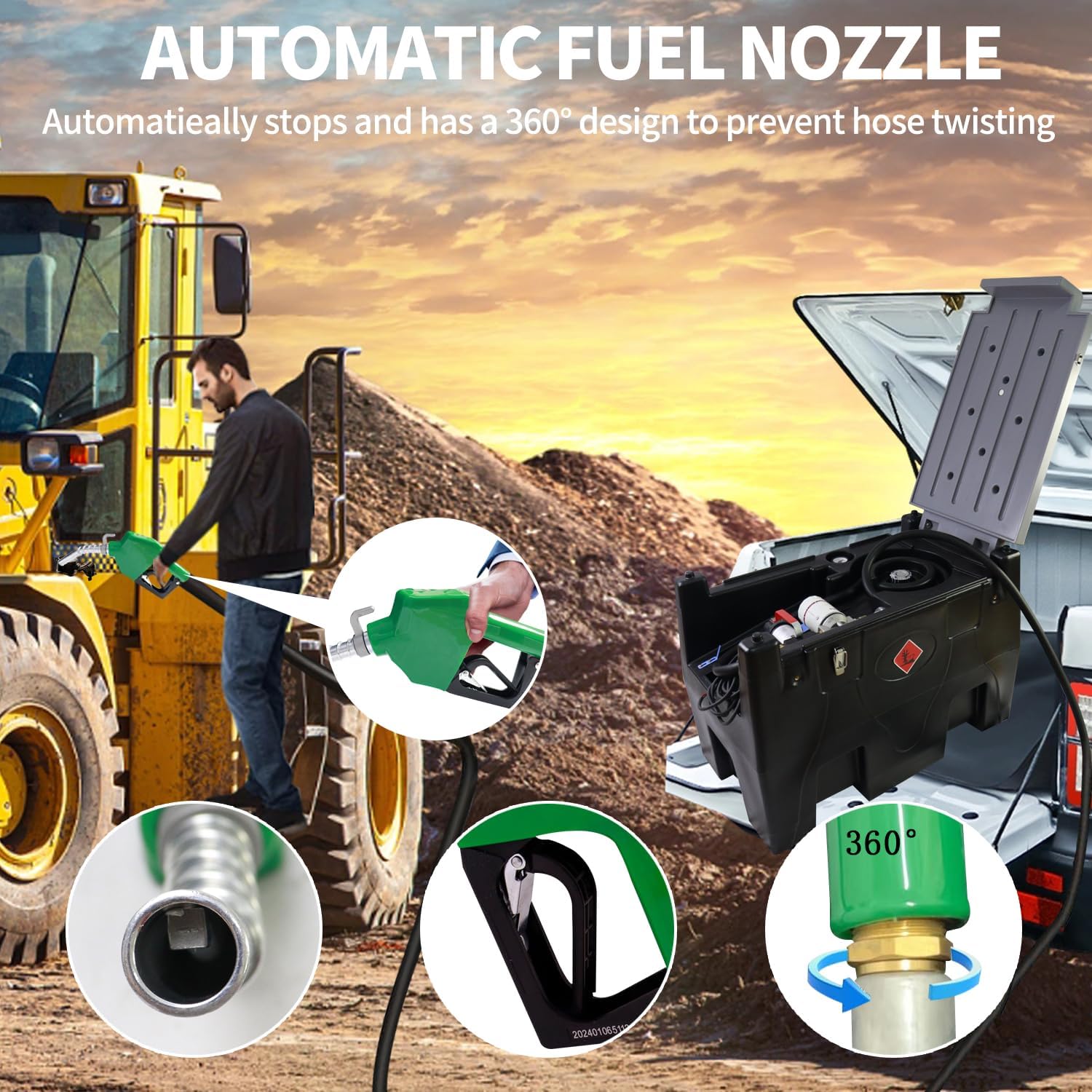 Fuel Transfer Tank for Pickups 58 Gallon Black Portable Fuel Transfer Only Diesel Tank,19.7 ft Power Cable,13ft Fuel Hose,Auto 3/4“ Nozzle,Swivel,12 GPM ,12V Diesel Transfer Pump,Fit the Truck Bed
