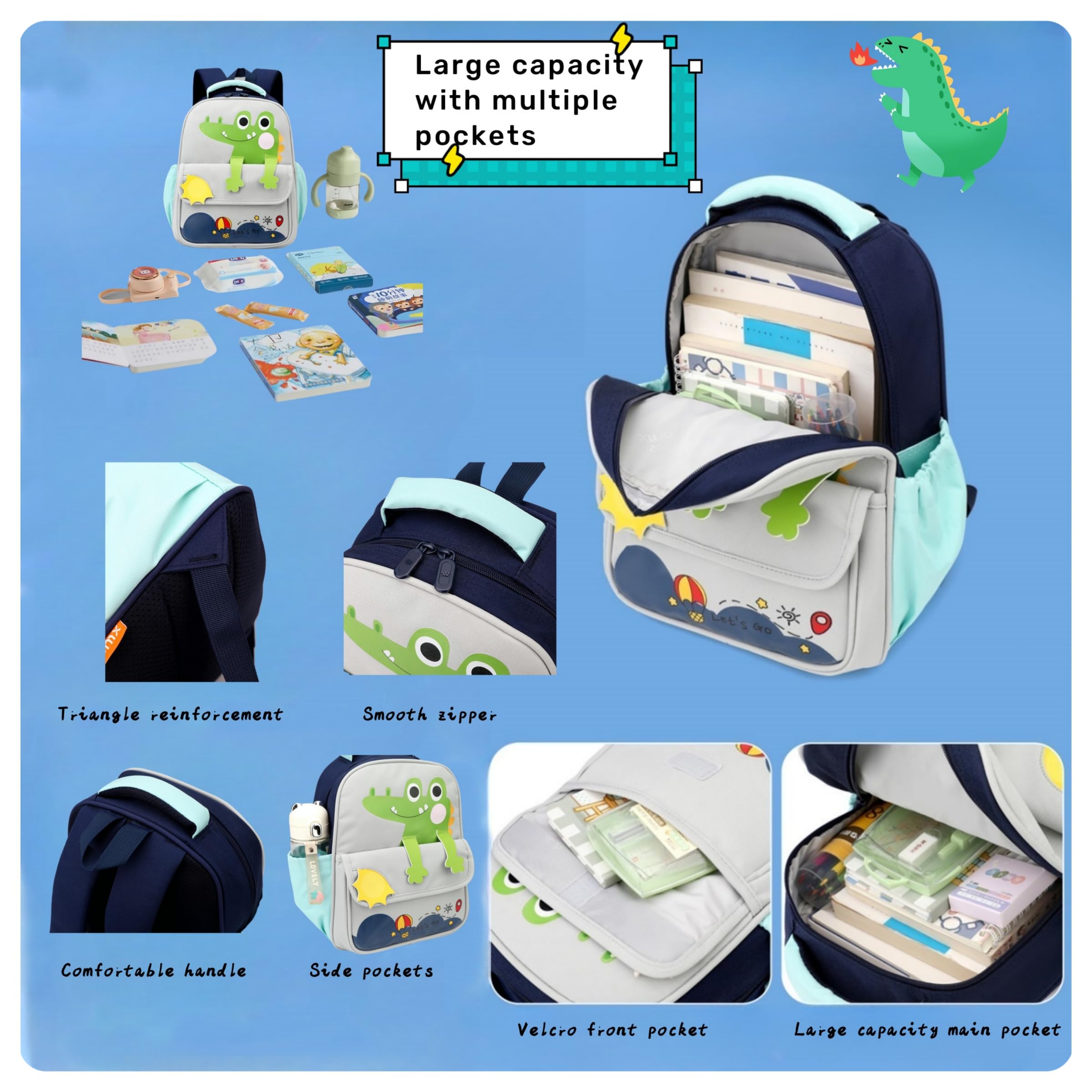 ZHANAO Mochila para niños pequeños, mochila de dinosaurio para niños, jardín de infantes, preescolar, mochila escolar para niños y niñas