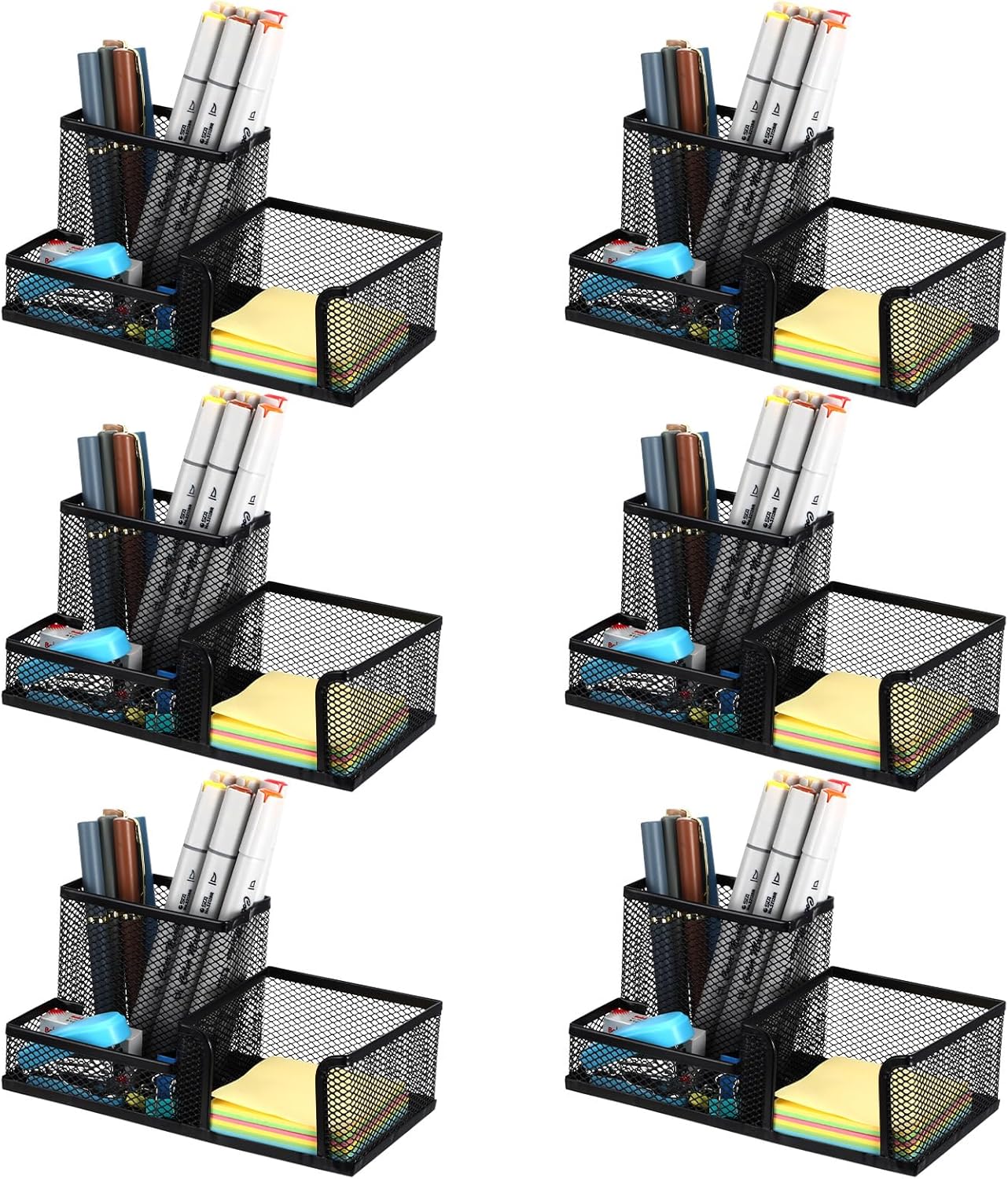 Lemecima 6 Pieces Pen Holder for Desk Mesh Metal Pencil Holders Pen Cup Marker Desk Caddy with Sticky Notes Organizer for Office Supplies Workspace School Home Black
