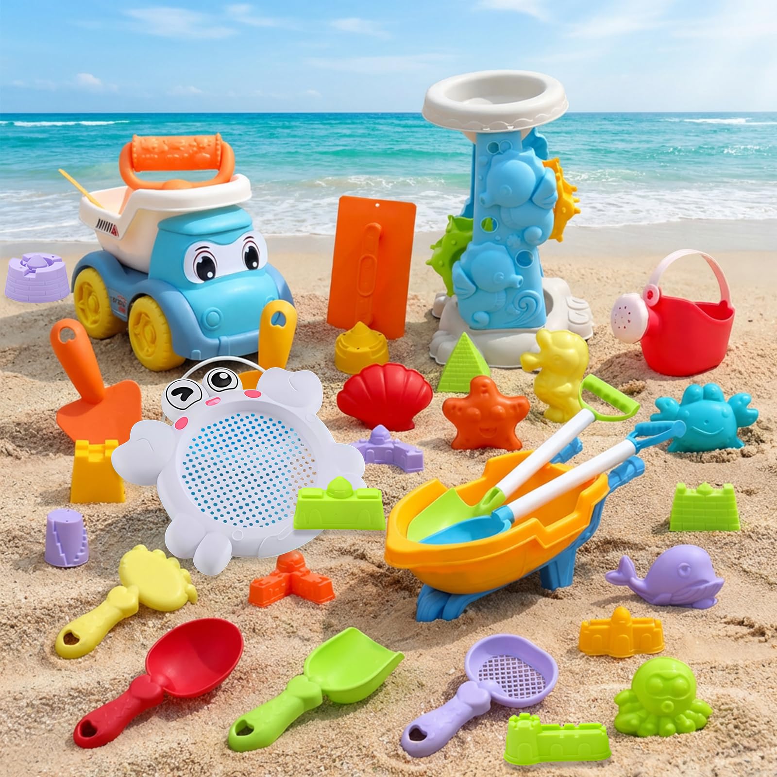 35 Pièces Jouet de Plage, Jouets de Sable de Voyage avec Seau Pliable, Véhicules Construction, Pelle, Ensemble Jeux Jouet Bac a Sable, Jeux de Plage avec Sac en Filet pour Enfants 3 4 5 6 an