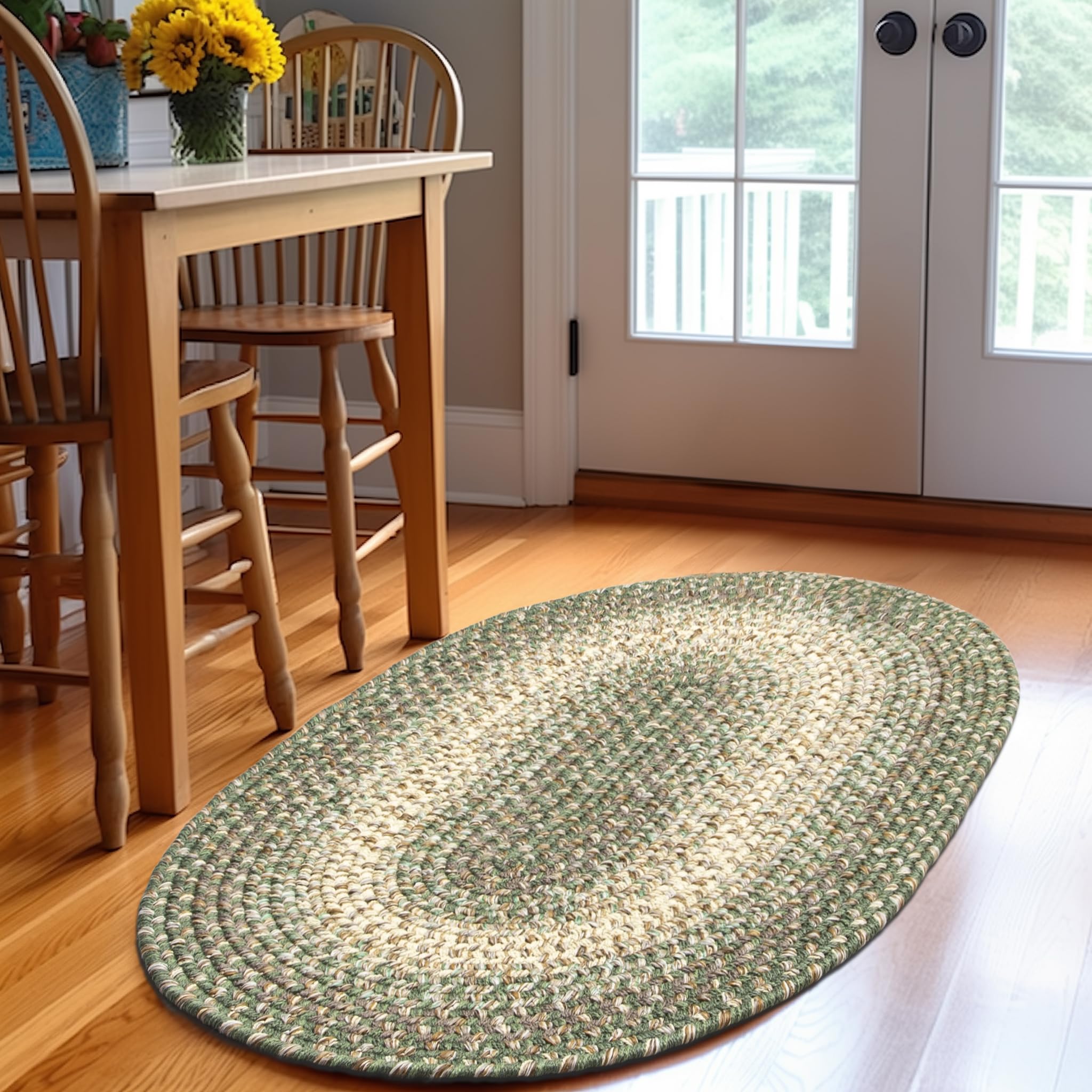 Super Area Rugs Braided Rugs 2X3 Farmhouse Kitchen Rug - Ridgewood Braided Rug for Front Door Entryway - Reversible - Indoor/Outdoor - Made in USA - Forest Green/Beige, 2' W X 3' L Oval
