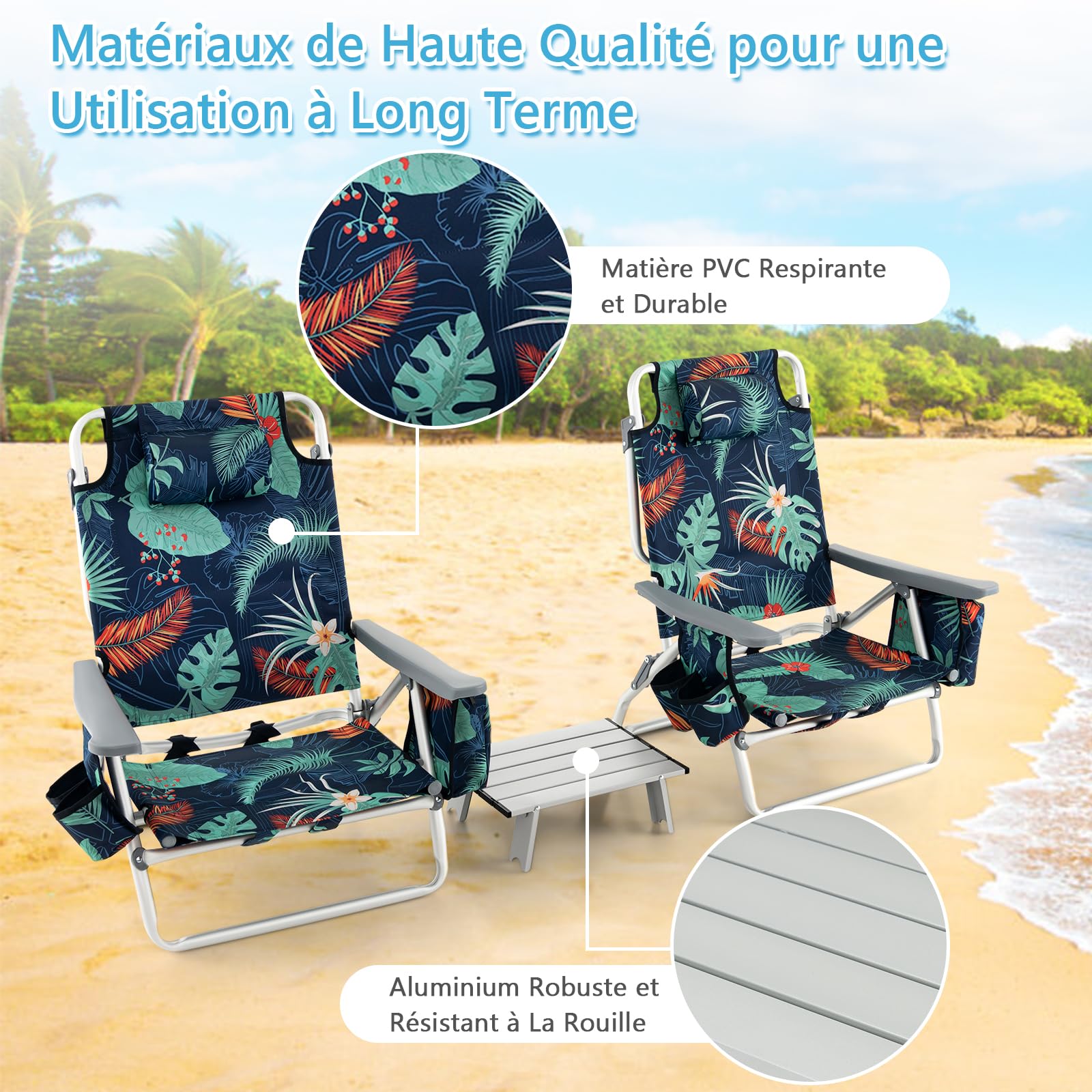 COSTWAY Lot de 2 Chaises de Plage Pliante avec Table Enroulable en Aluminium, Fauteuil de Jardin Inclinables à 5 Positions Charge Max 136 KG, pour Randonnée Plage Pêche (Floral)