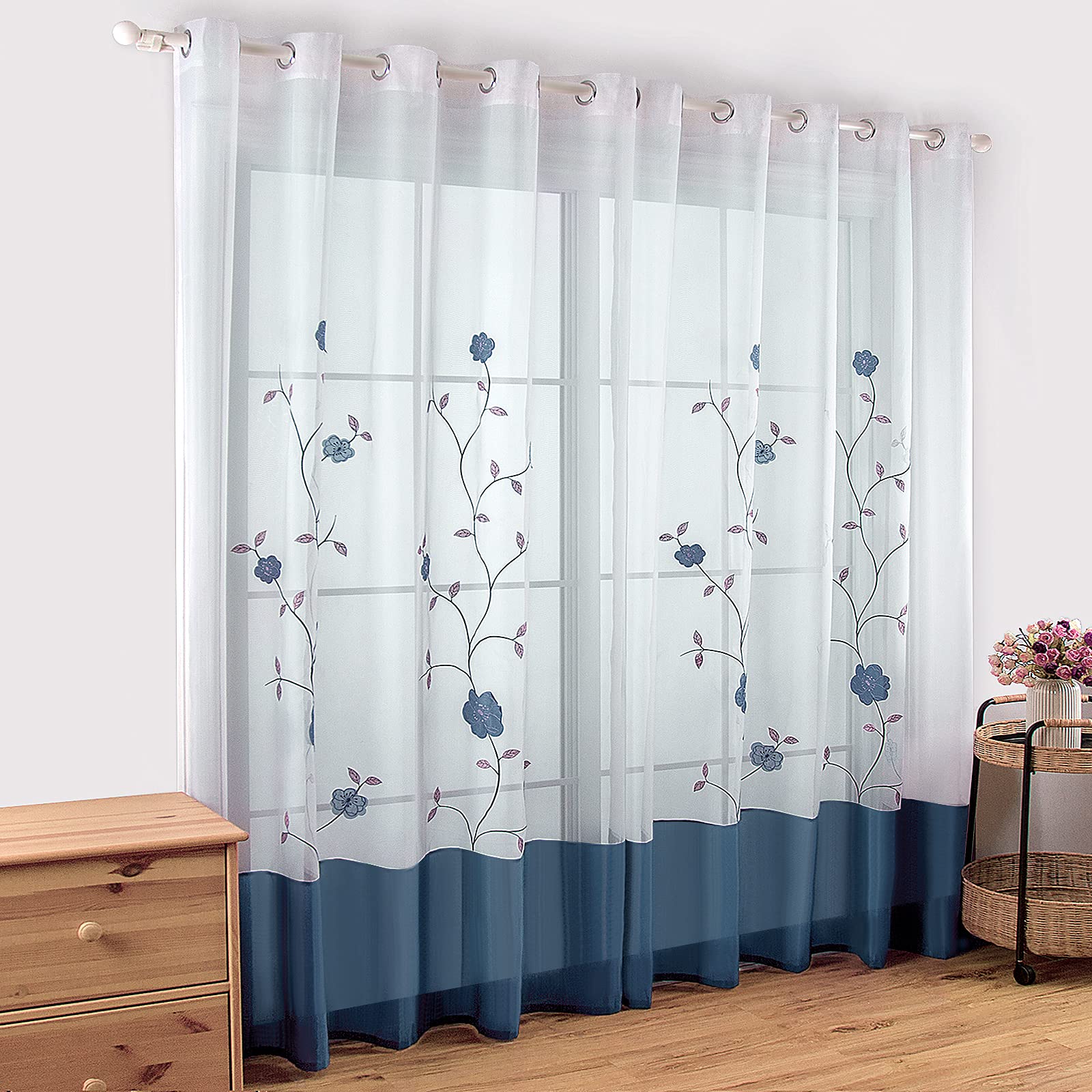 SIMPVALE 2 Pezzi Tende per Interni Voile Ricamate, Blu, 140x225 cm | Tende con Occhielli Filtranti la Luce Naturale, Leggere ed Eleganti, Tenda Trasparenti Moderne per Camera da Letto e Salotto