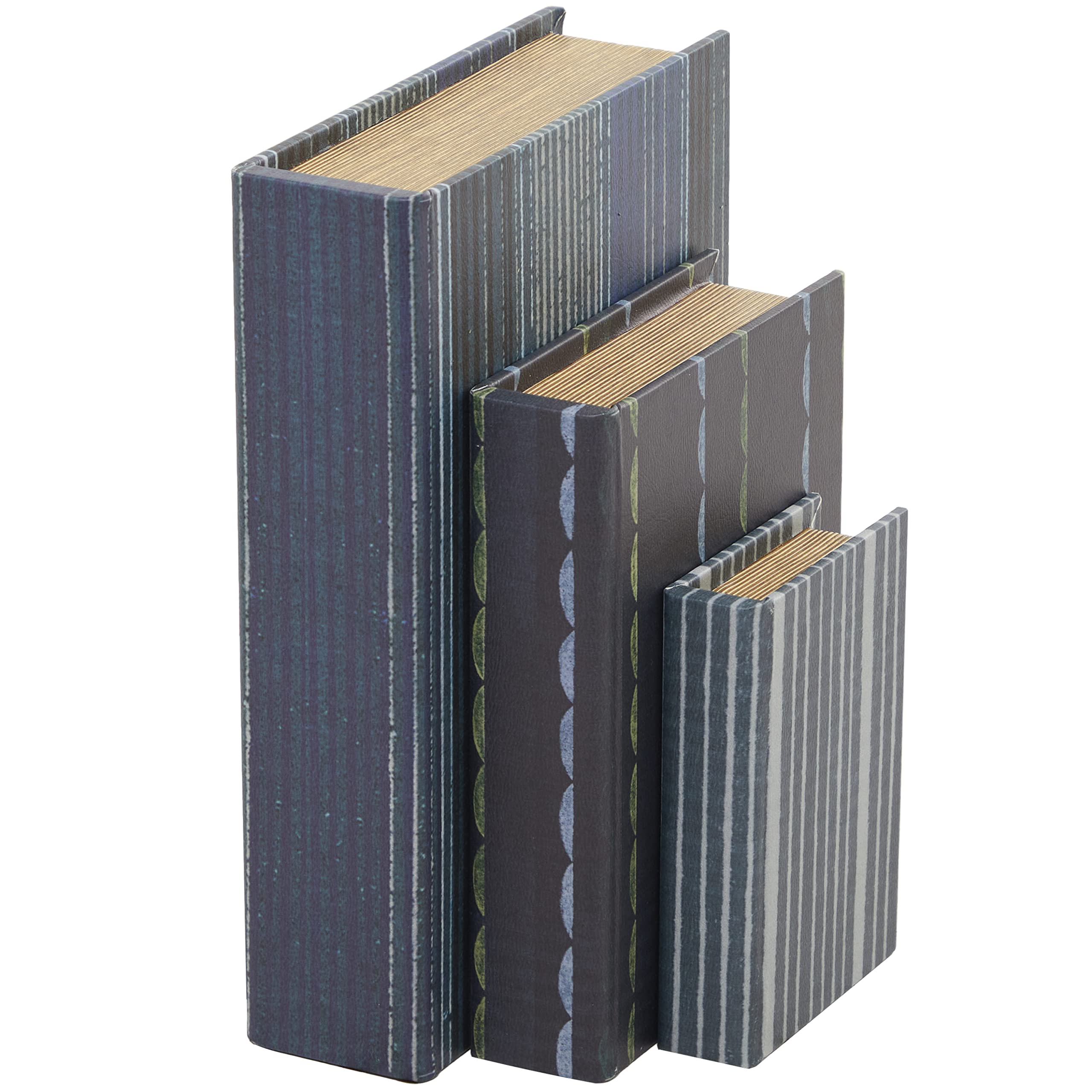 Deco 79 Faux Leather Decorative Box Faux Storage Book Book Shaped Boxes with Varying Striped Patterns, Set of 3 Decorative Keepsake Boxes 12", 9", 6"H, Blue