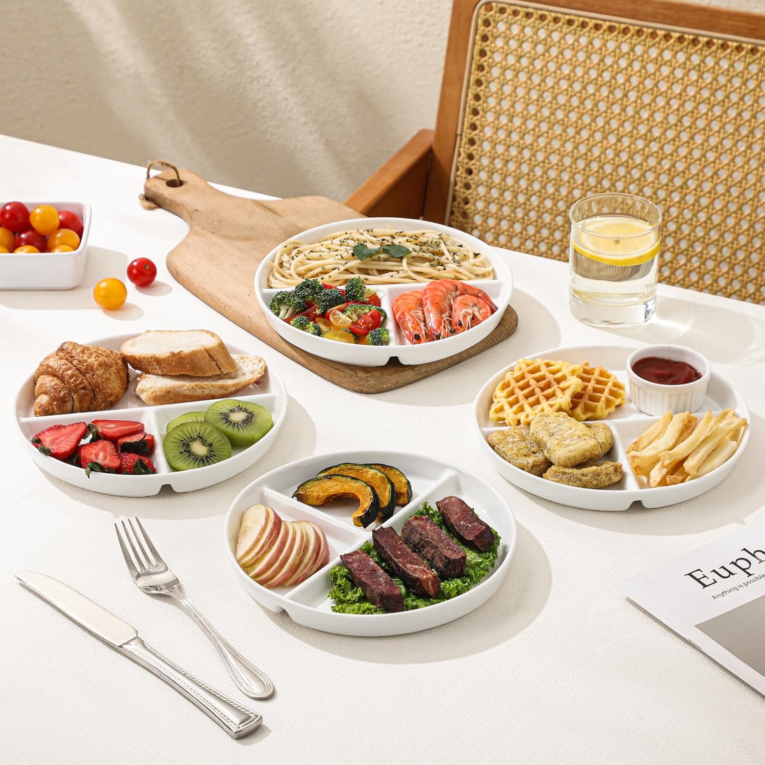 8" Ceramic Divided Plates Set - 4Pcs, Portion Control Plate, Bariatric Plate for Kids Adults, 3 Compartment Plates, Dinner Plates for Balanced Meal, Oven, Dishwasher Safe, White 8in