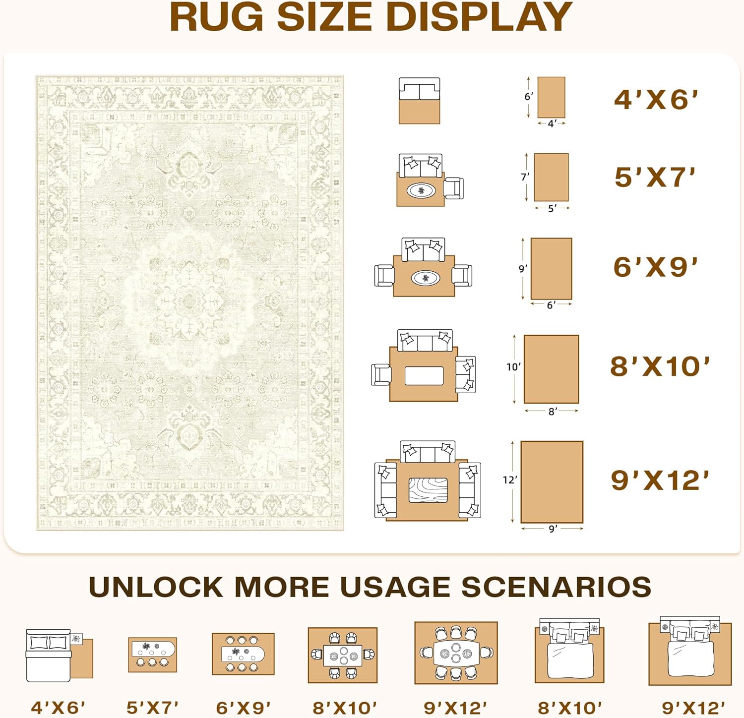 LIVELYGLOW 5x7 Washable Area Rug for Living Room Bedroom, Retro Printed Traditional Vintage Rug, Non-Slip Foldable Large Carpet for Dining Room Home Decor, Beige/Gloden