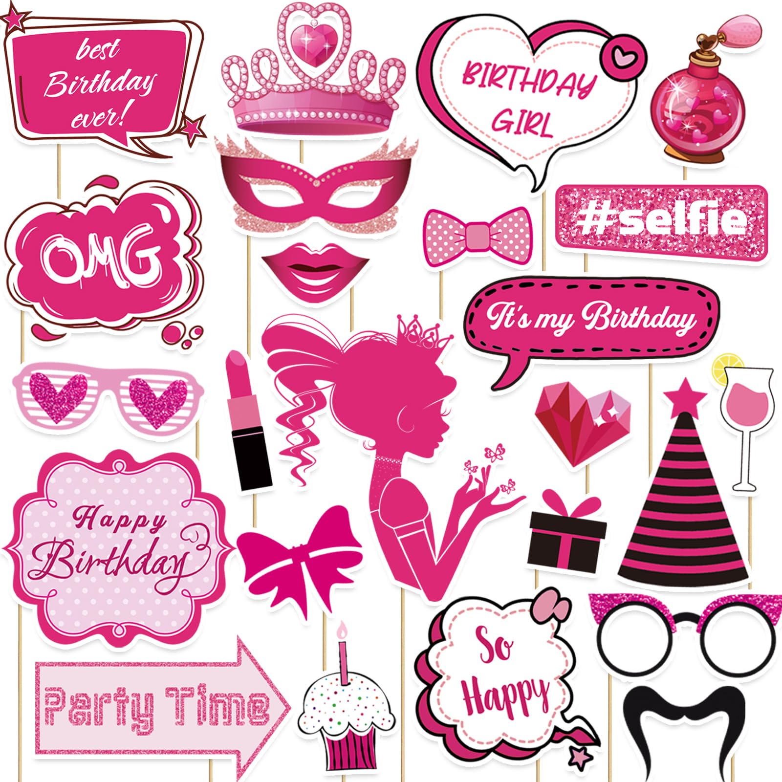 24 Pcs Pink Girls Birthday Photo Booth Props Kit - Hot Pink Princess Birthday Party Decoration Set with Real Glitter Cute Designs for Her, Funny Selfie Photo Booth Props for Kids Girls Any Bday Party