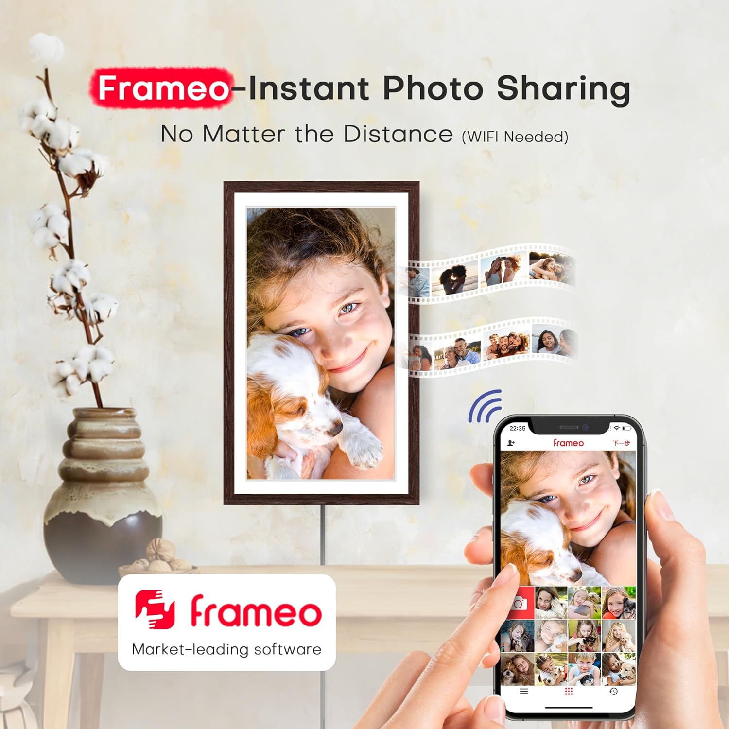 Digital Picture Frame, 10.1 inch Frameo Digital Frame WiFi, 1280 * 800 IPS HD Touchscreen, 32GB Storage, Instant Share Pictures Video, Smart Photo Frame Electronic, Gifts for Mom, Grandma, Woodgrain