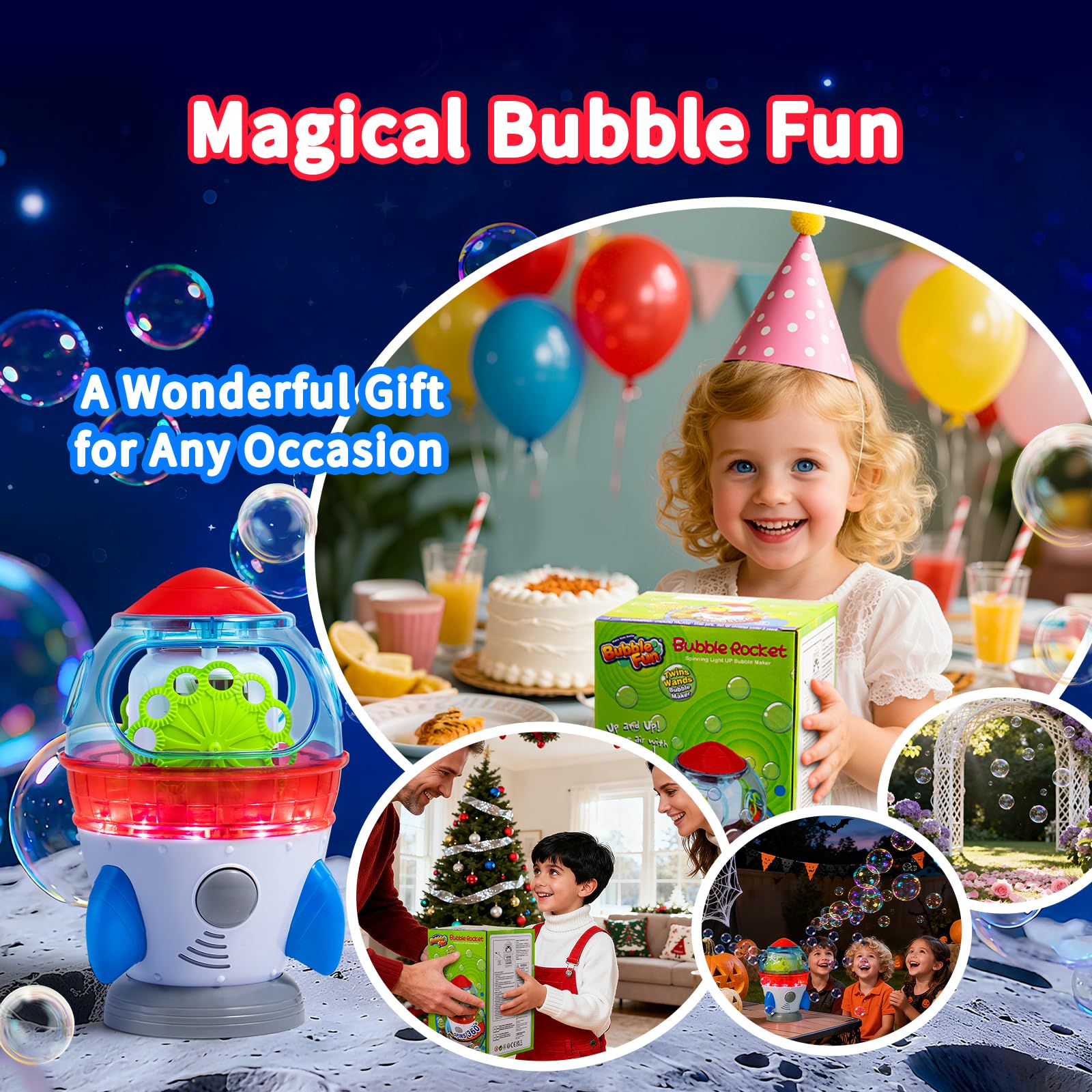 Elektrische Seifenblasenmaschine Rocket Blasenmacher 10000+ Bubbles/Min mit Lichtern Musik für Kinder