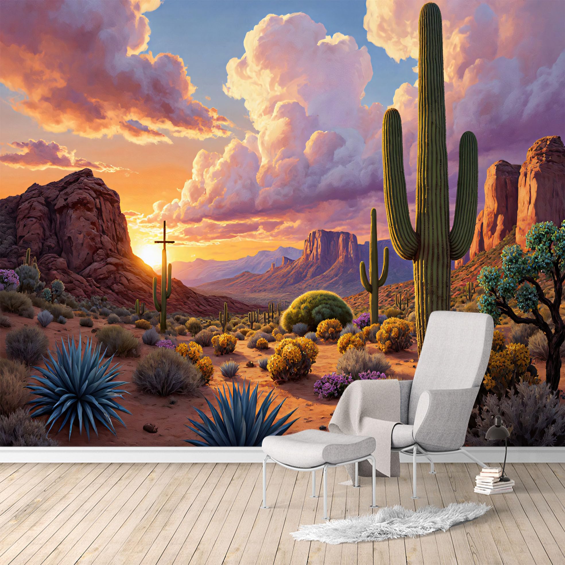 Custom Size Wall Murals, Sunset Desert Landscape & Saguaro Cactus, Removable Self Adhesive Large Wallpaper Mural for Living Room Bedroom Office Home Decor