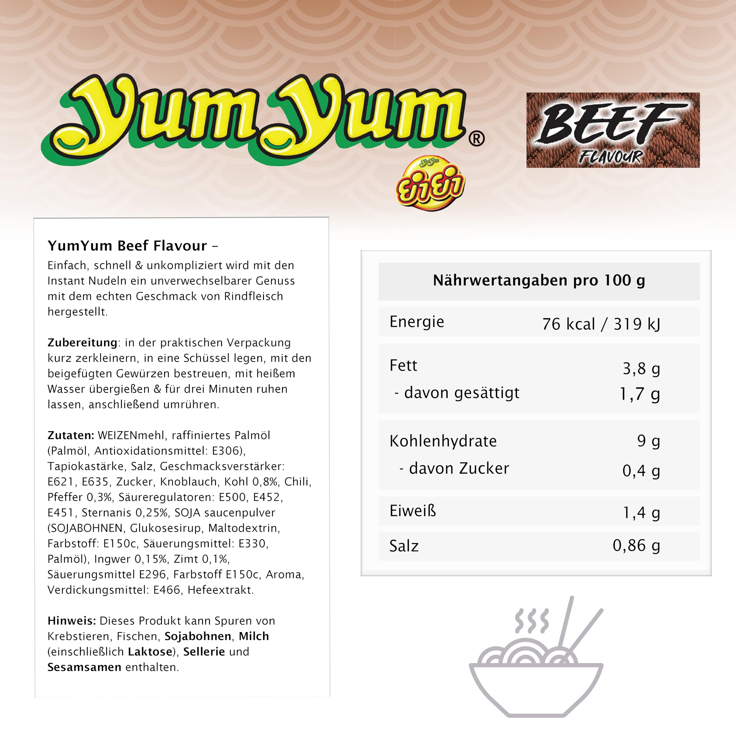 YumYum Beef Flavour 120x60g Asiatische Instant Nudeln mit Rindfleischgeschmack, sofortiger Genuss, authentisch thailändisches Aroma, als Snack, ideal mit Brokkoli & Champignons, Produktion in Thailand