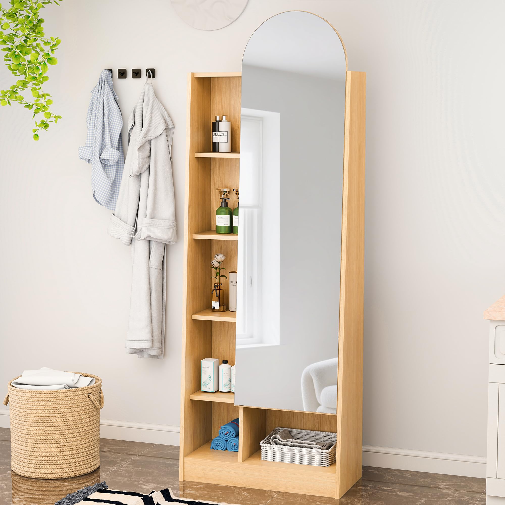 Zapatero con puerta de espejo, 60 x 28 x 165 cm, armario alto con aspecto de madera natural con espejo de cuerpo entero, armario con estantes ajustables y compartimentos abiertos, armario de pasillo y