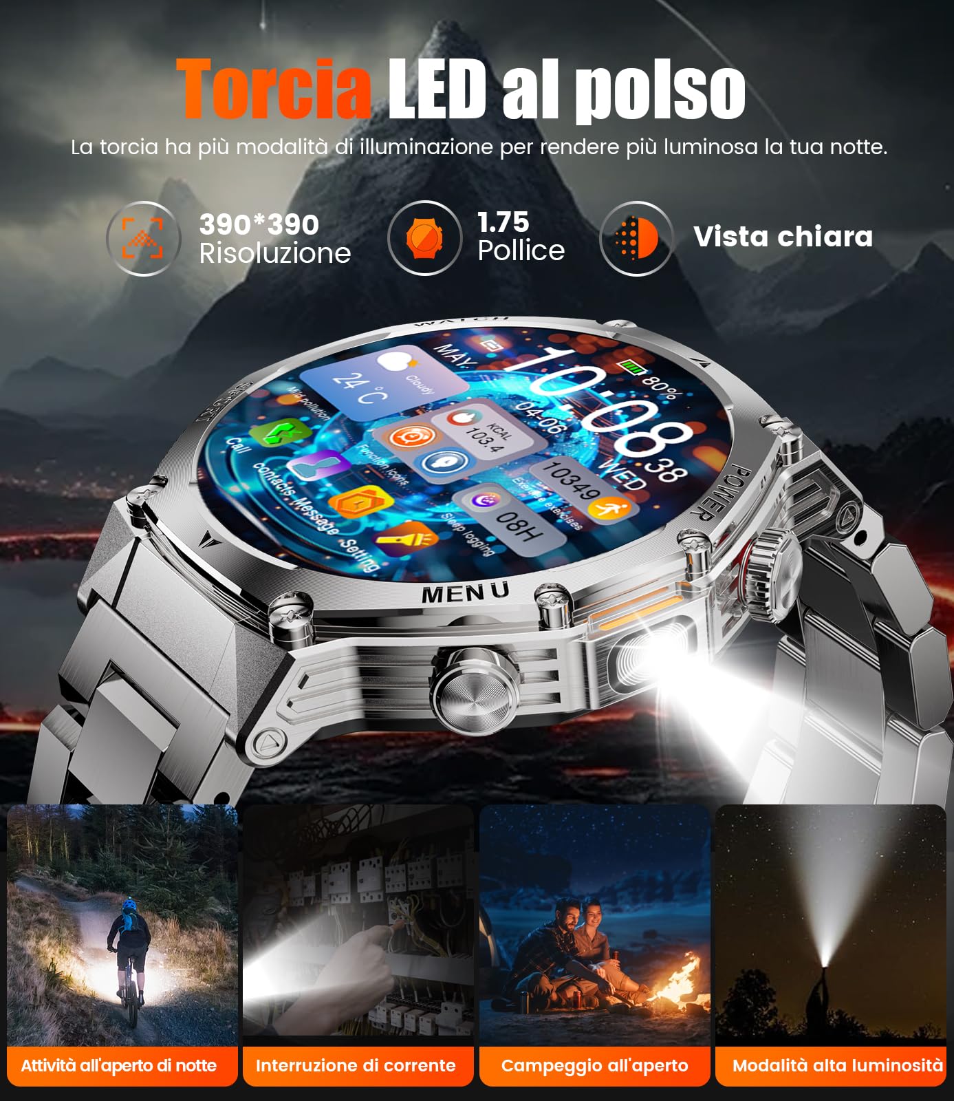 LIGE Smartwatch Uomo,1.75'' HD Orologio Smartwatch con Torcia LED/800mAh/Chiamata Bluetooth,114 modalità Sportive Cardiofrequenzimetro SpO2 e Sonno,per Android iOS