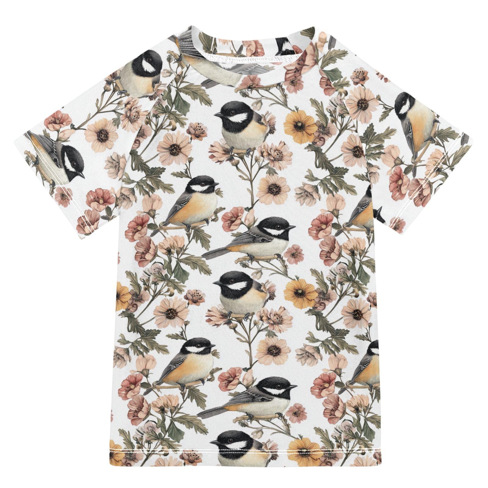 Boy Bathing Suit Short Sleeve Childrens Bathing Suits 9T Aesthetic Black - Capped Chickadee Birds White