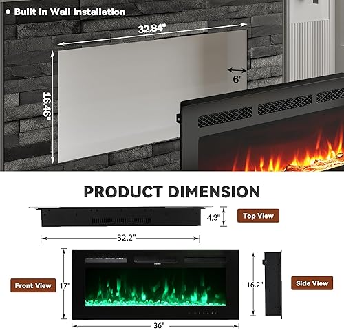 Miniatura 5 de Chimenea eléctrica montada en la pared y empotrada de 36 pulgadas con control remoto temporizador de 8 horas, 12 llamas, pantalla táctil, calentador