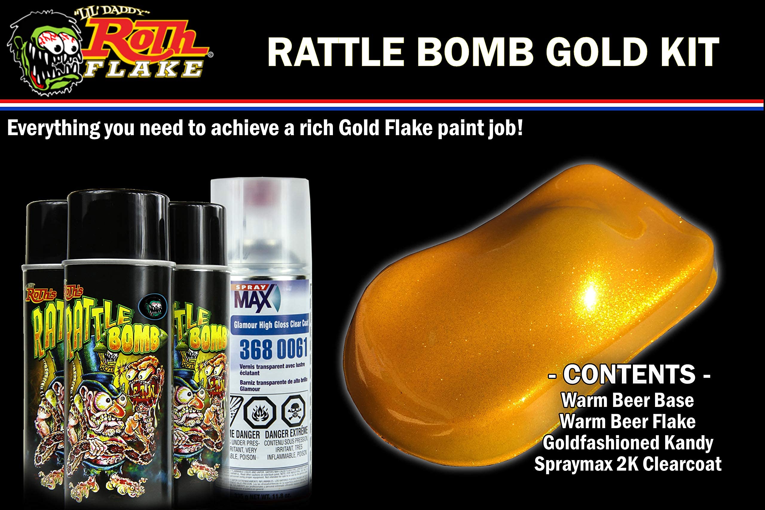 Lil Daddy Roth Rattle Bomb Kit - Gold Kit - Aerosol Metal Flake, Basecoat, Kandy, Clearcoat