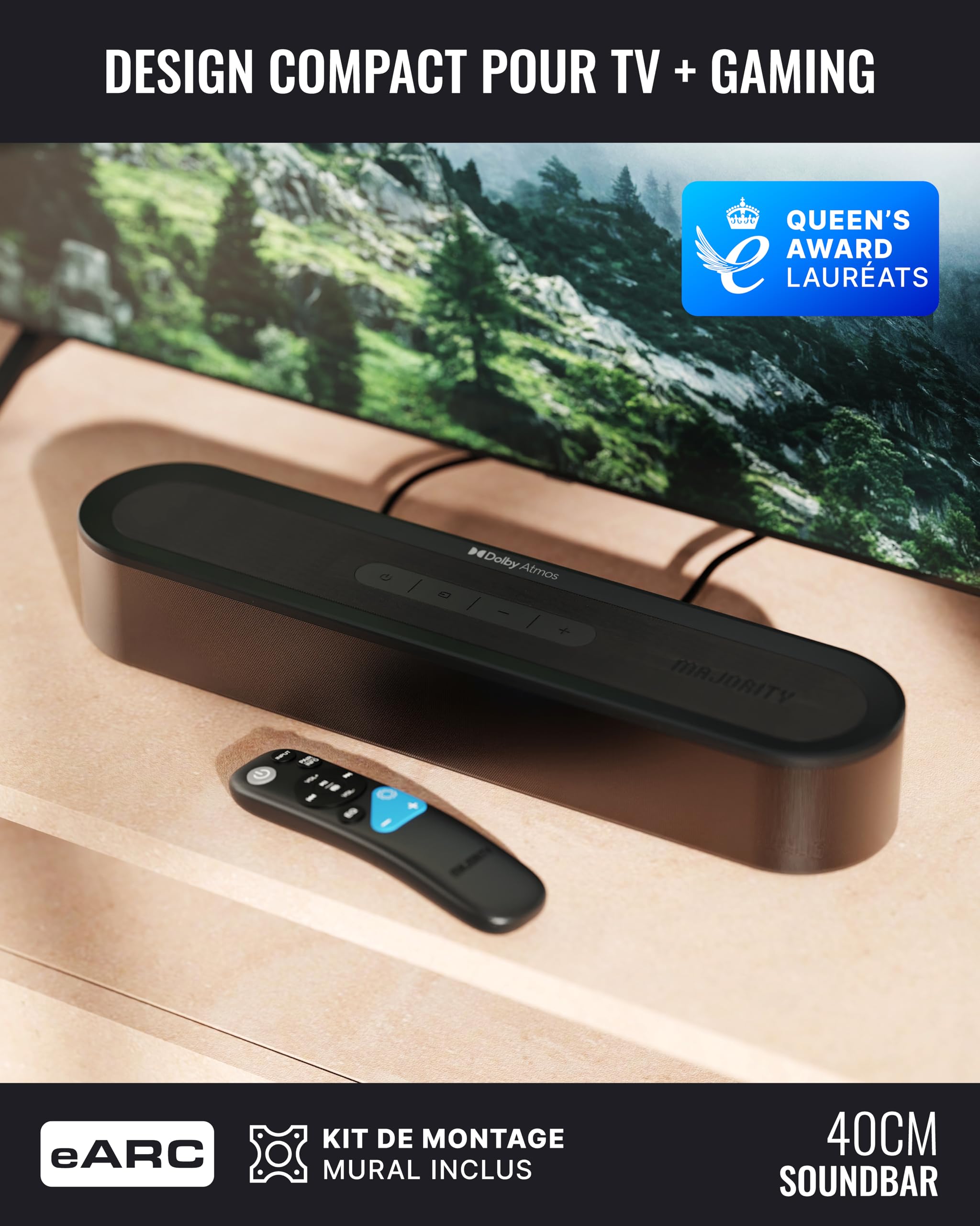 Majority Barre de Son TV Bluetooth 5.3, 300W Home Cinema 5.1 sans Fil | Bowfell Halo Atmos Mini Soundbar PC | DMI eARC | Enceinte TV Dolby Atmos | Caisson de Basse & Haut-Parleurs Arrière