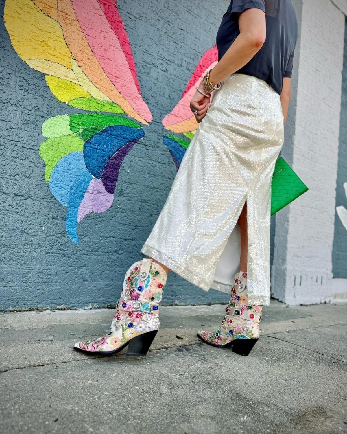 Western Cowboy Boots For Women Flower Embroidered Rhinestone Mid Calf Pointed Toe Chunky Heel Cowgirl Boots - Image 7