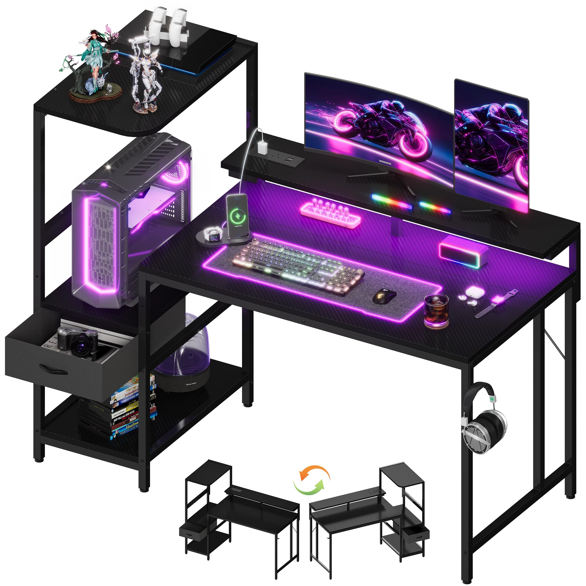 JUMMICO 120×60cm Gaming Desk with Power Outlet & LED Lights, Reversible L-Shaped Computer Desk with Monitor Stand, Storage Drawer & Shelves, Headphone Hook, Gaming Table Carbon Fiber Black