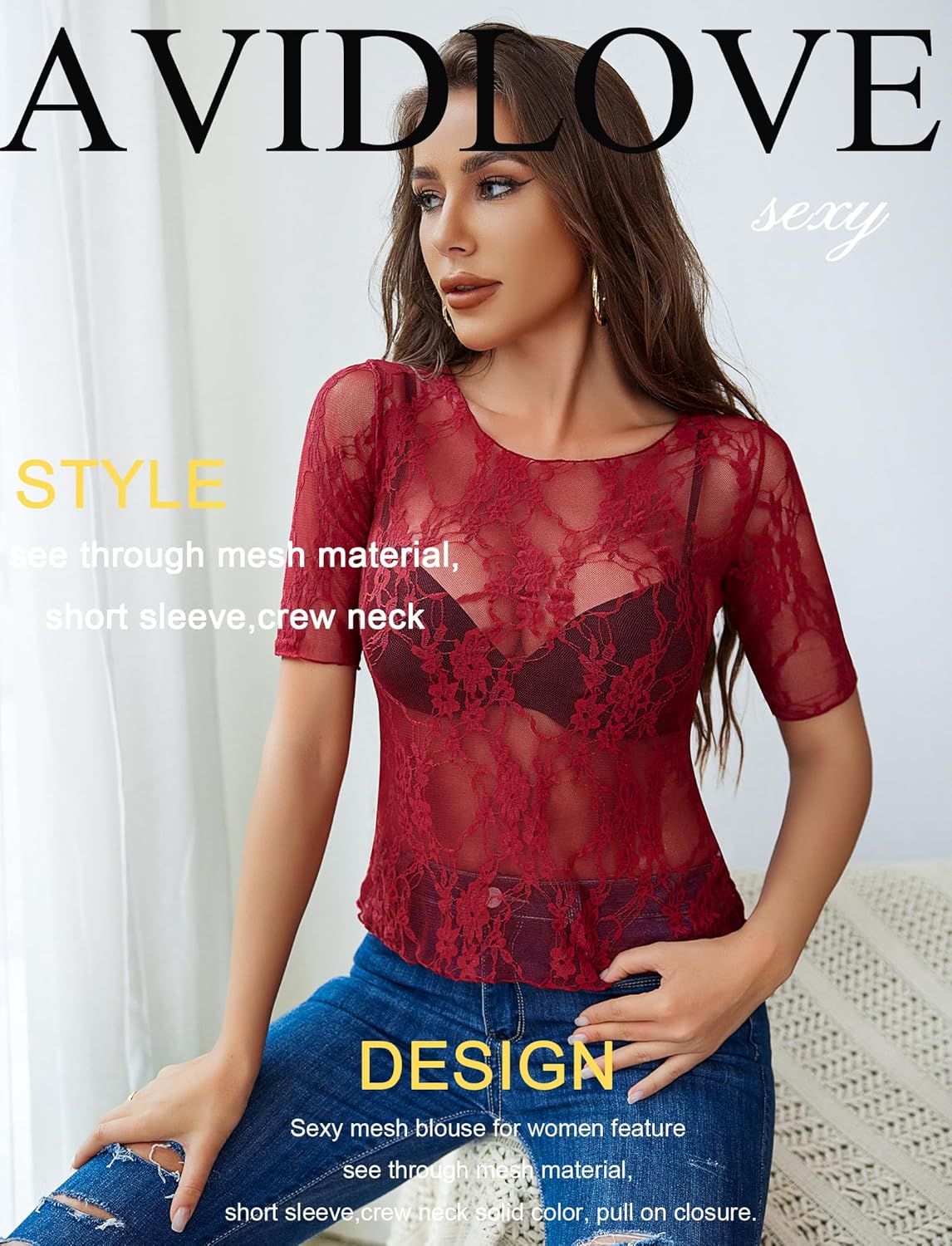 Avidlove Mesh Top for Women Short Sleeve Crew Neck Fitted Top Solid & Floral Lace Tee Shirts - Image 4
