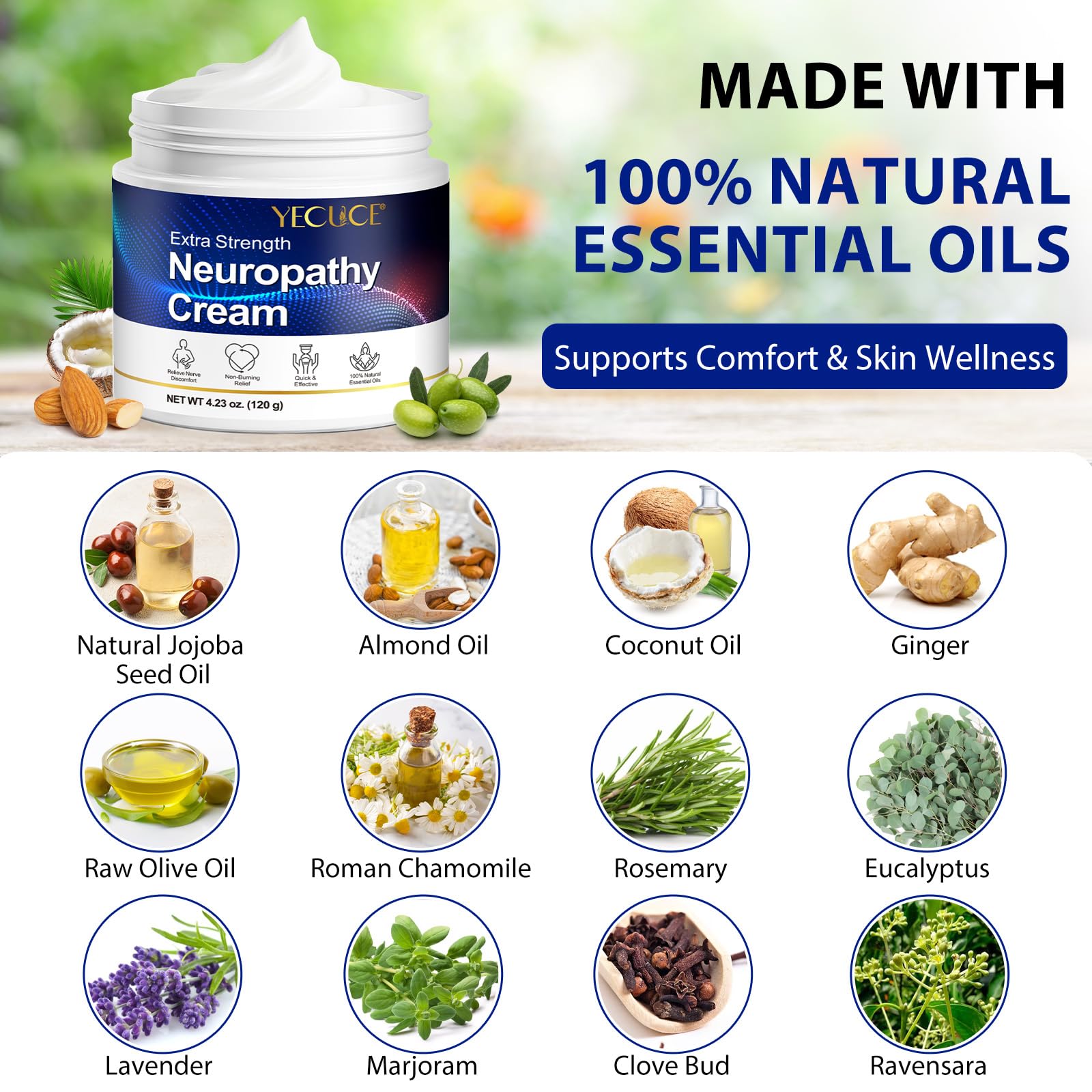 Crema para aliviar la neuropatía, extrafuerte, 120 g, para pies, manos, piernas, dedos de los pies, espalda, alivio de molestias nerviosas, musculares y articulares, fórmula natural con jengibre y ace