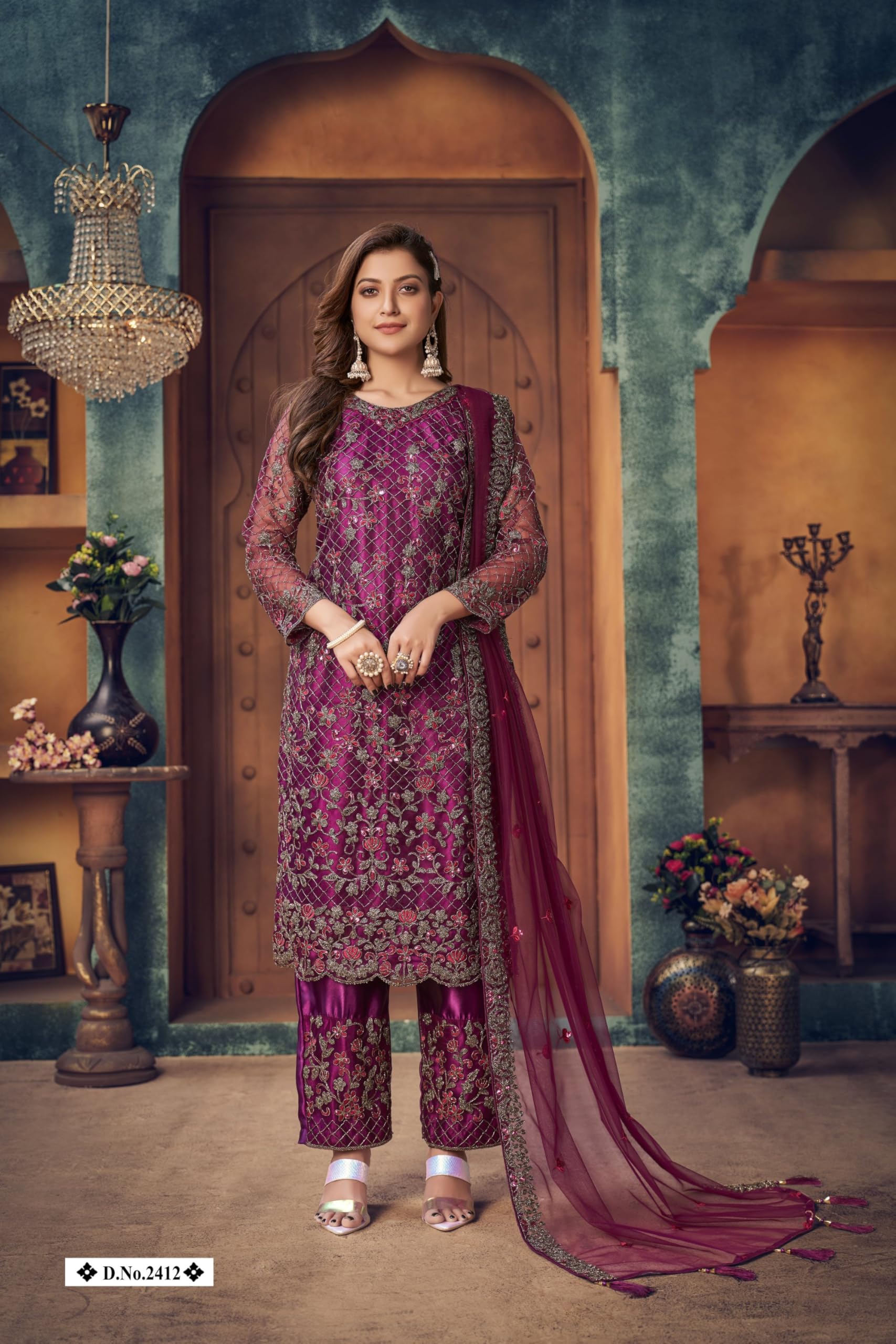 Luxury Pakistani Soft Net Designer Salwar Kameez with Embroidered Dupatta for Party Wear