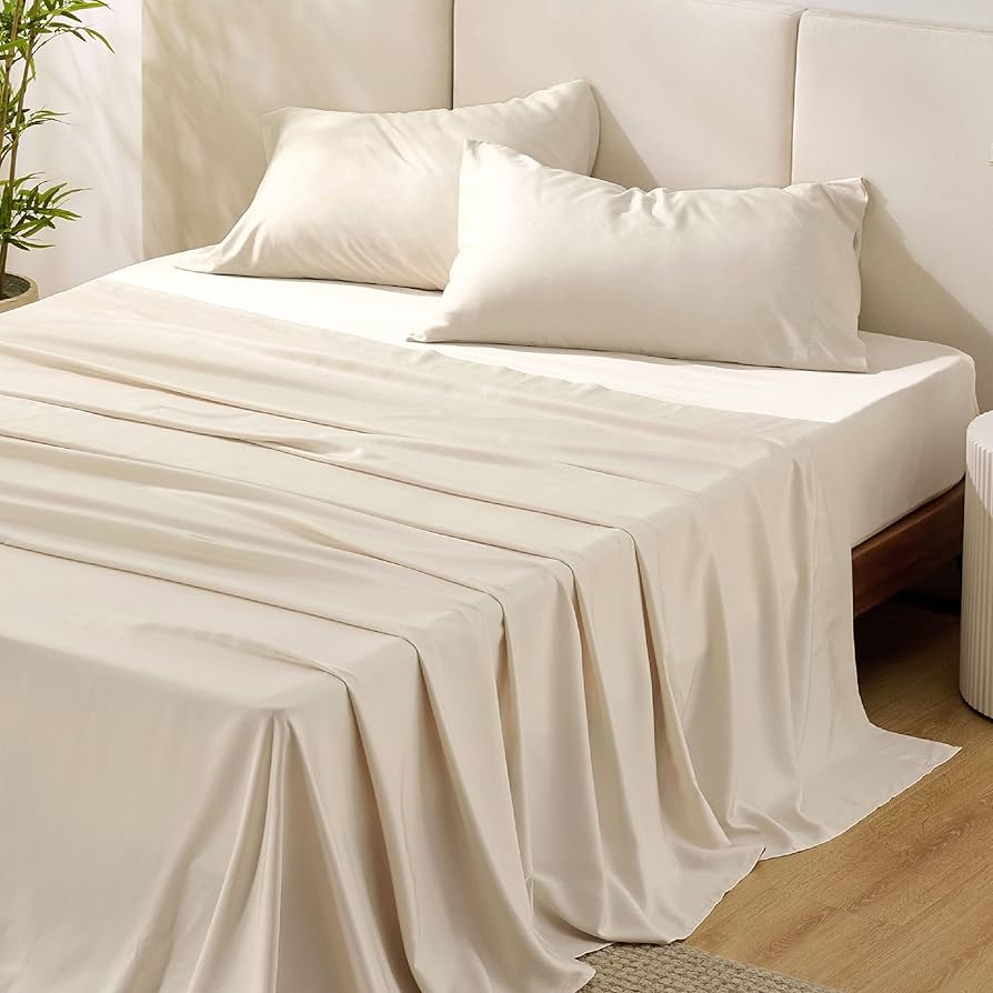 Bedsure Queen Sheet Set, Rayon Derived from Bamboo, Cooling Sheets, Breathable & Soft, Deep Pocket Up to 16", Hotel Luxury Silky Bedding for Hot Sleepers, Light Beige
