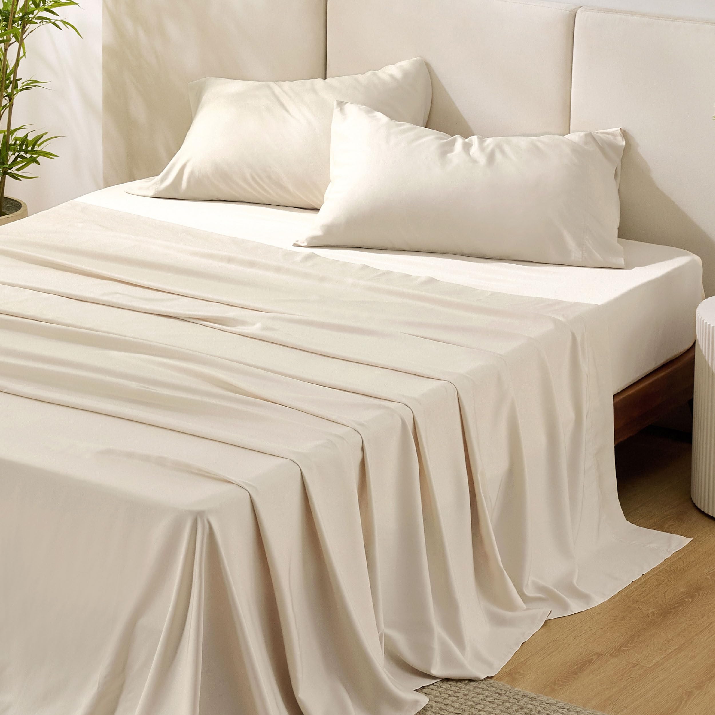 Bedsure King Size Sheet Sets, Cooling Sheets for Hot Sleepers, Rayon Derived from Bamboo, Breathable & Soft Deep Pocket Up to 16 Inches, Hotel Luxury Silky Bedding, Bedsheet & Pillowcases, Light Beige