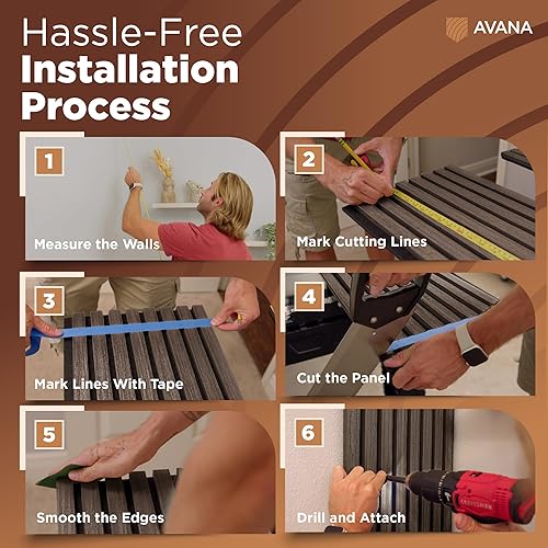 Miniatura 7 de Avana Paneles de pared de madera acústica, 94.4 x 12.6 pulgadas, paneles acústicos de nogal oscuro, 2 unidades, paneles de pared para decoración de