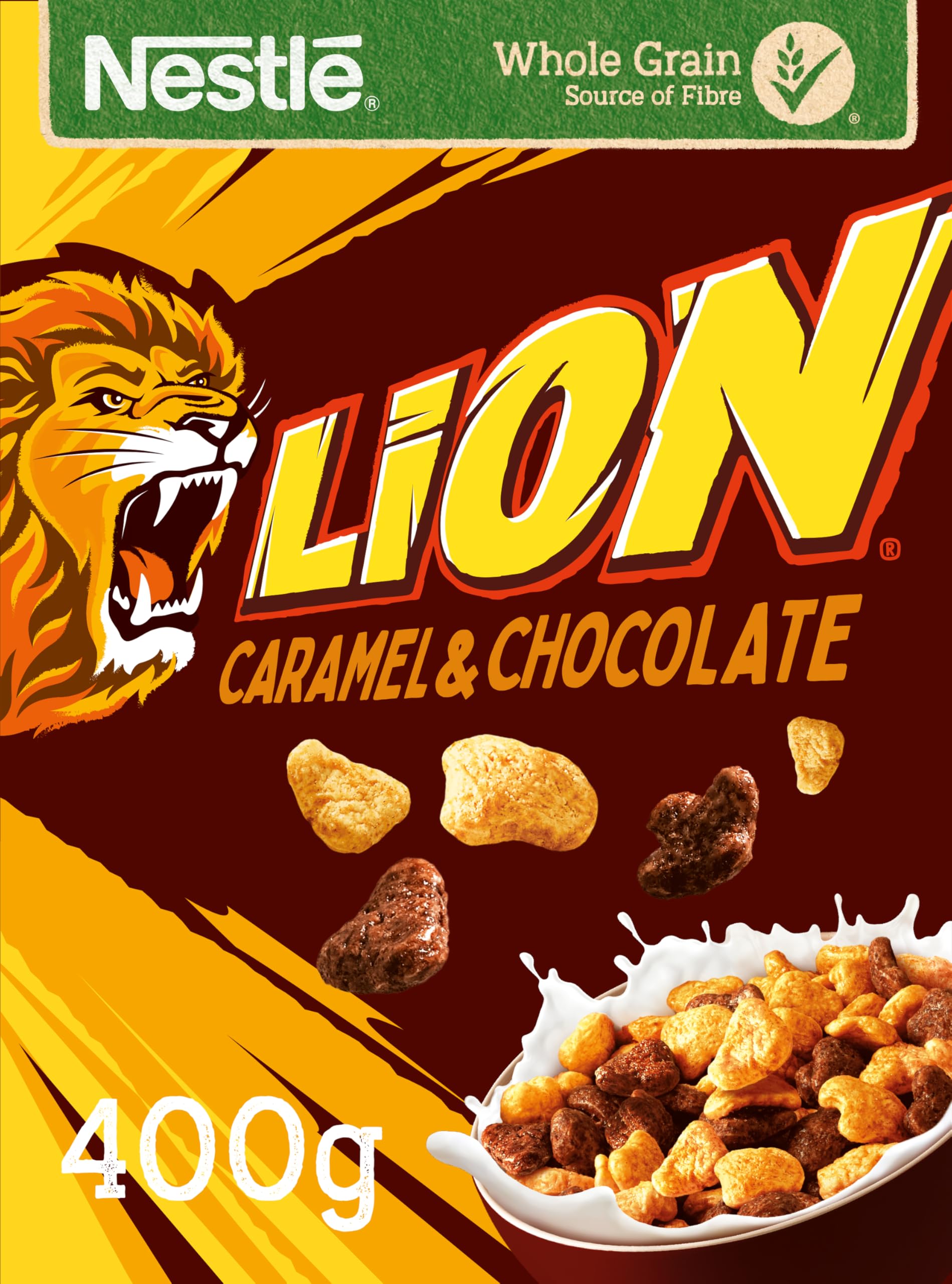 Nestlé Cereals - Lion Breakfast Cereal - Caramel & Chocolate Bitesize Flake Cereal - High Fibre, 7 Vitamins, Calcium& Iron - 400g