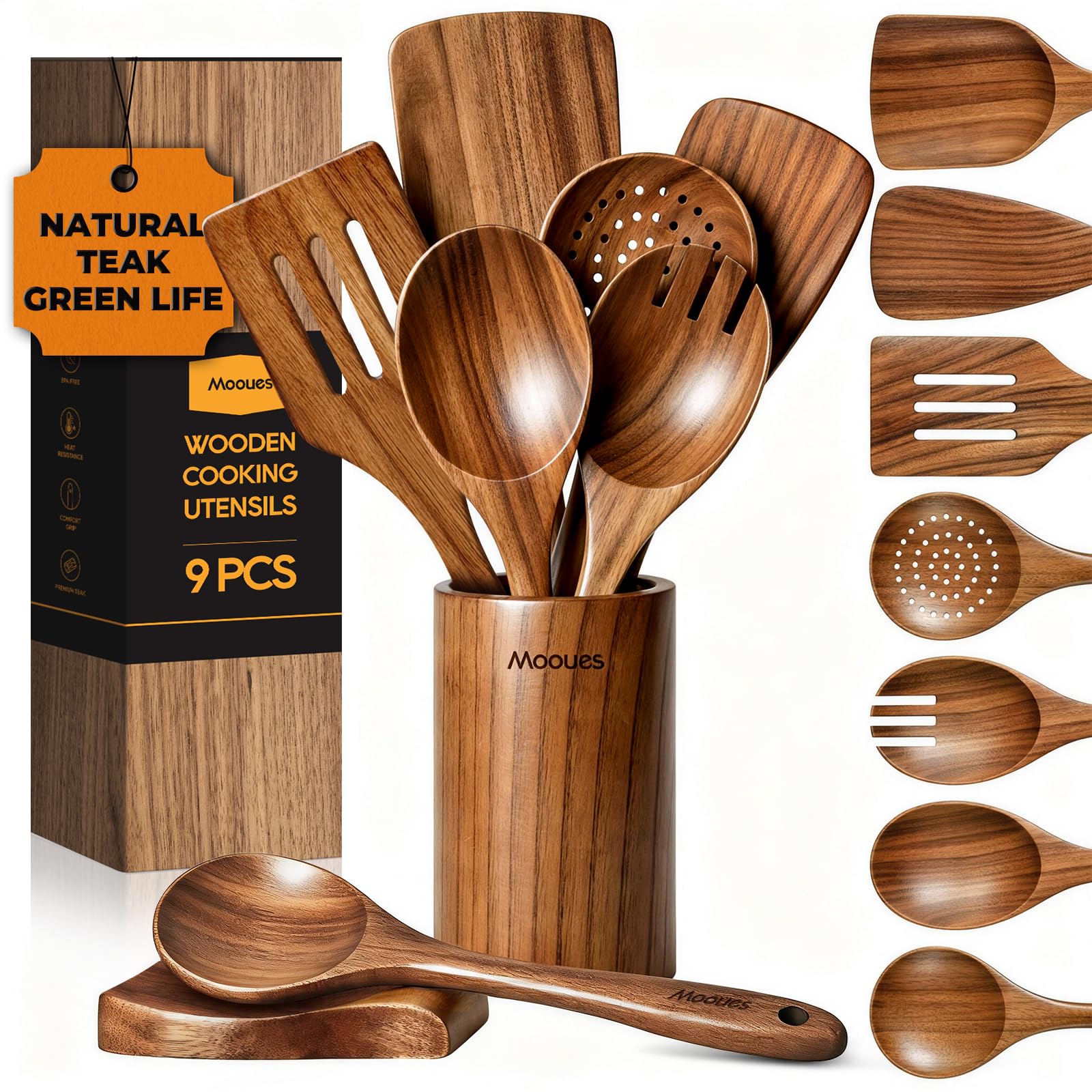 Mooues Wooden Kitchen Utensil Set, 9 Piece Natural Teak with Spoon Rest