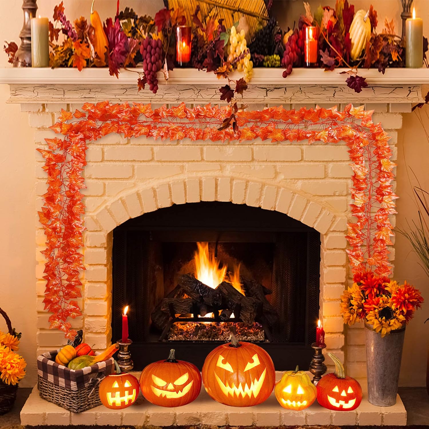 Qlarnaweer Fall Maple Garland, 84Ft 12 Strands Artificial Fall Foliage Garland Hanging Leaves Vines Autumn Thanksgiving Decor for Home Wedding Party Christmas(Maple Red)