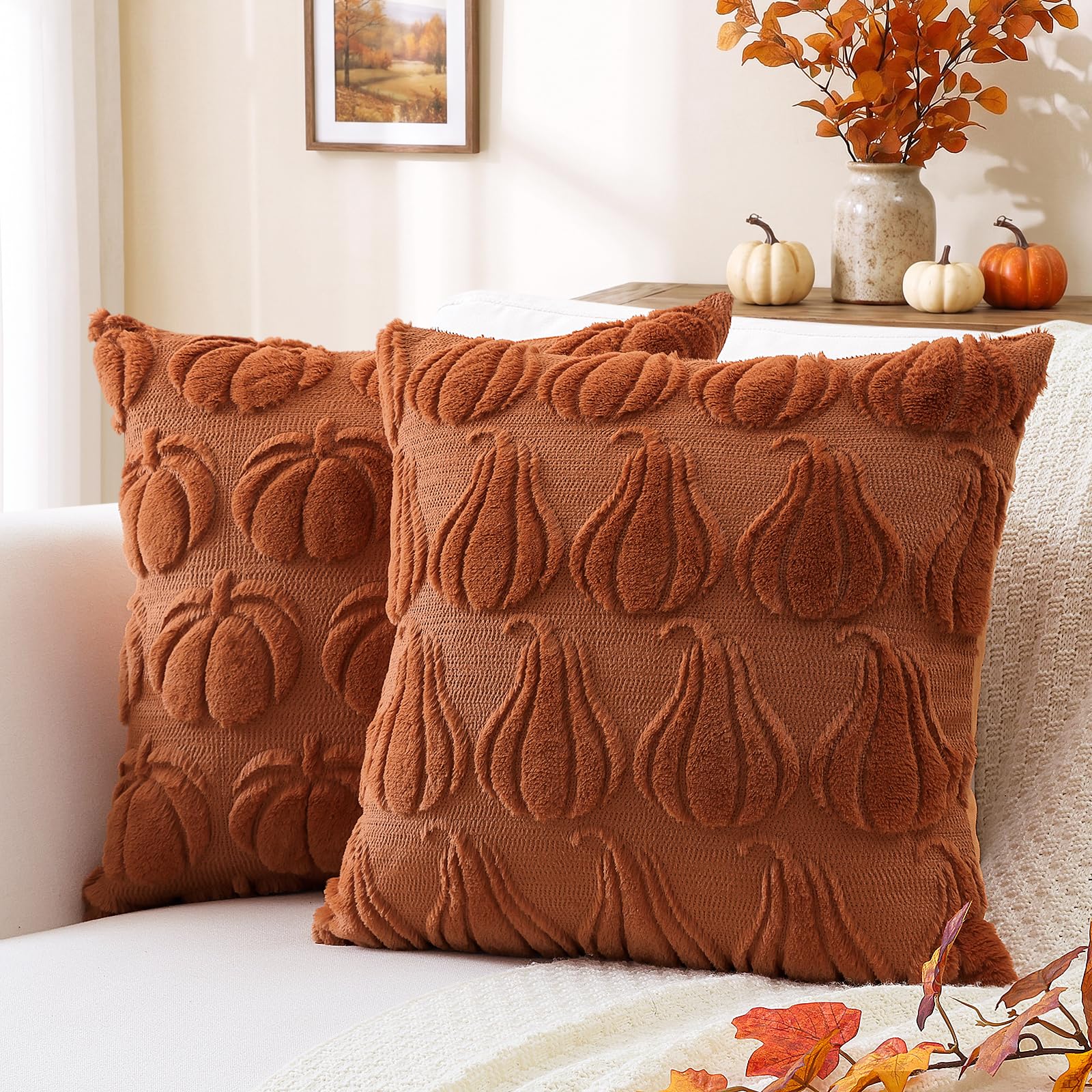 Artscope Fall Cushion Covers Set of 2 Two Types of Pumpkins Throw Pillow Covers for Sofa Couch Bed Living Room Soft Plush Short Wool Velvet Farmhouse Pillowcases for Halloween 45x45cm Rust โ image 1