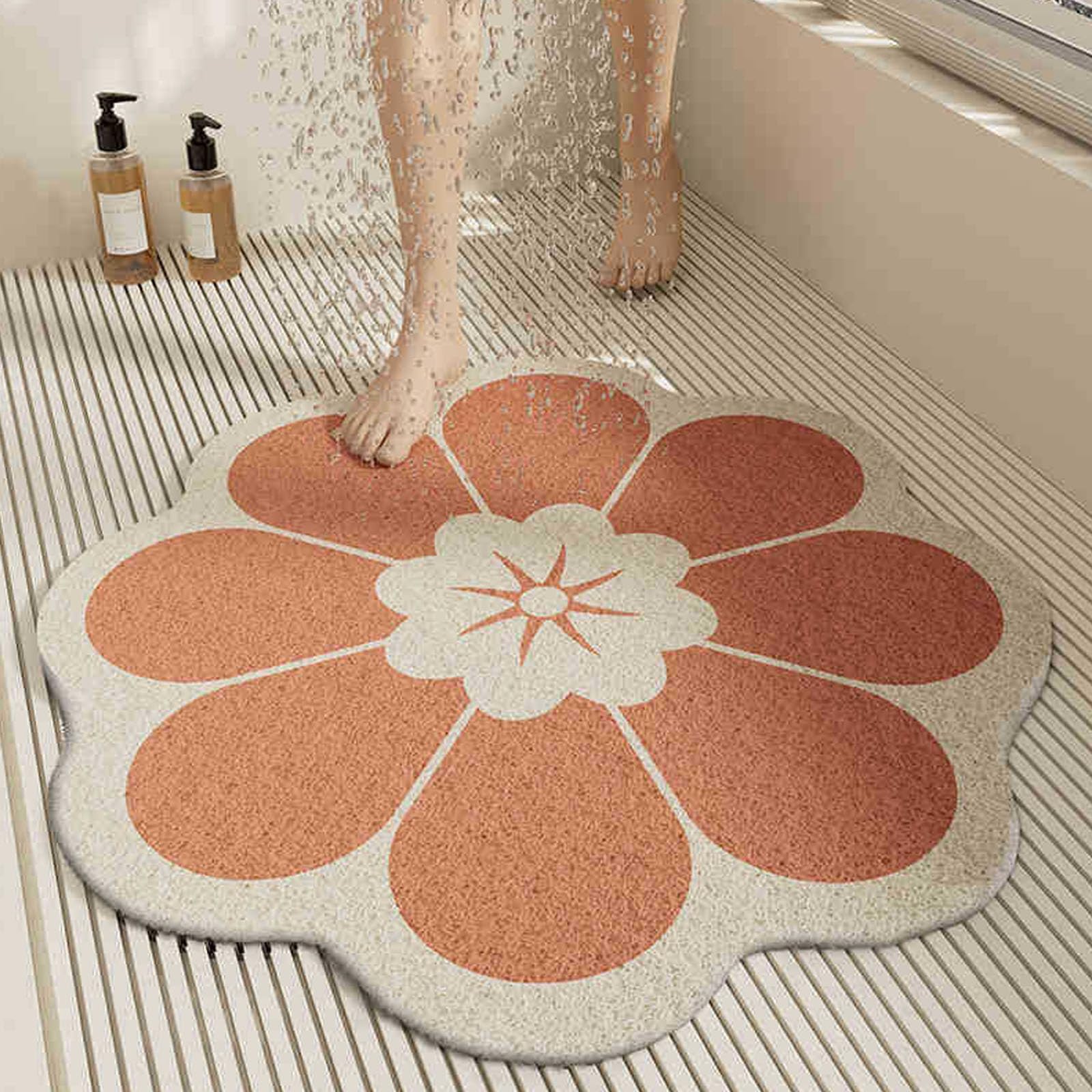 Round Floral Pattern Shower Mat for Indoor Bath, Non Slip PVC Sponge Bathroom Floor Mat with Drainage Holes, Quick Dry Anti Mould Shower Room Foot Mat (B,60 * 60cm)