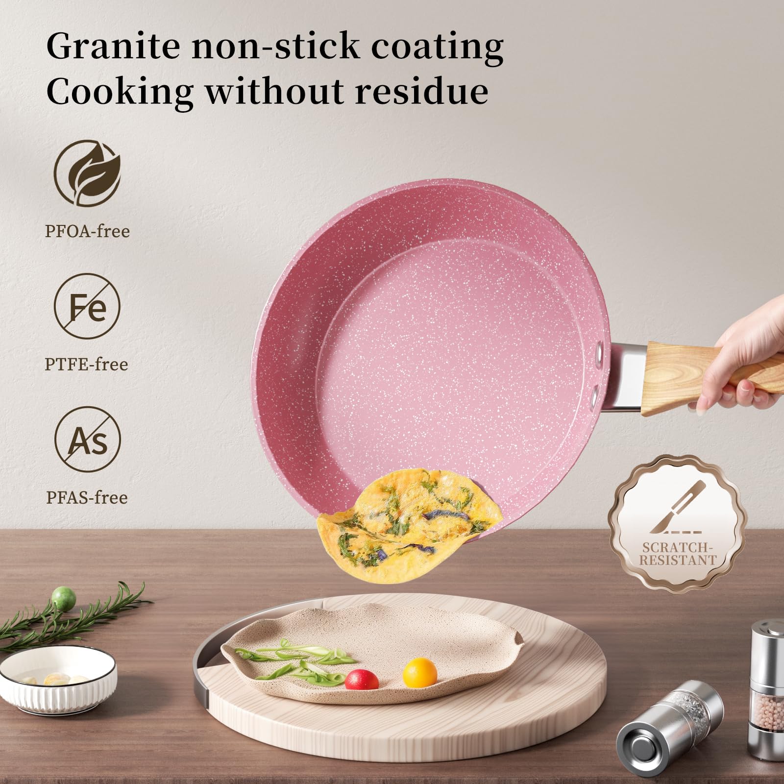 Innerwell Padella Antiaderente 20 cm, Padelle Induzione, Rivestimento Antiaderente Granito Professionale, Padella Omelette Ceramica, Senza PFOA, Atossica, Lavabile Forno, Lavastoviglie, Rosa