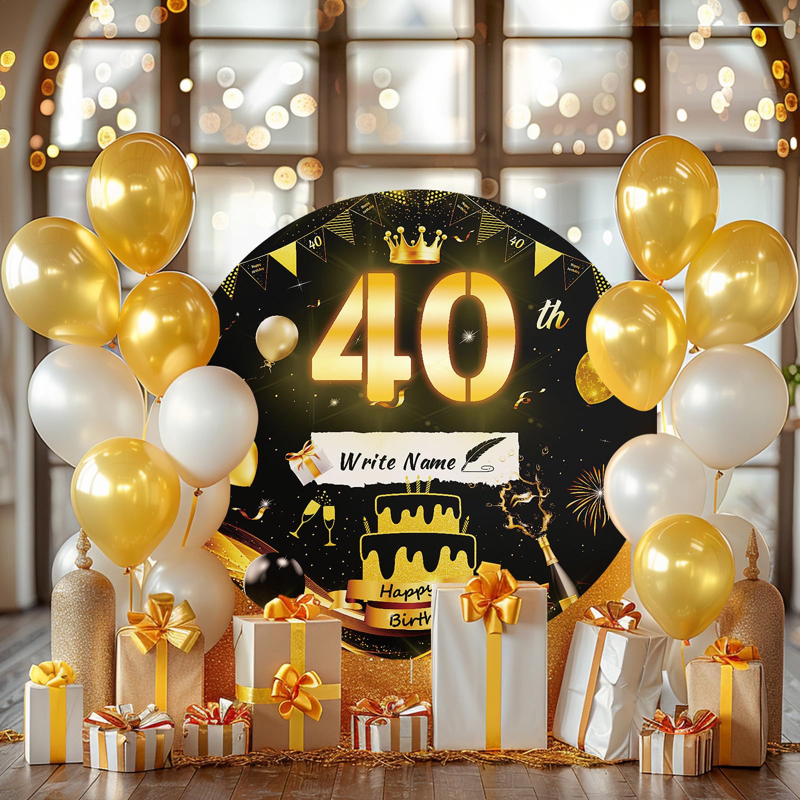 Partydekorationen zum 40. Geburtstag, mit Lichtern, Papphintergrund mit Lichtstreifen, Schwarzgold, 0,8 m, Mosaik-Hintergrundabdeckung, rund, 40 Happy Birthday, DIY-Rahmenbrett für Wand, Hof