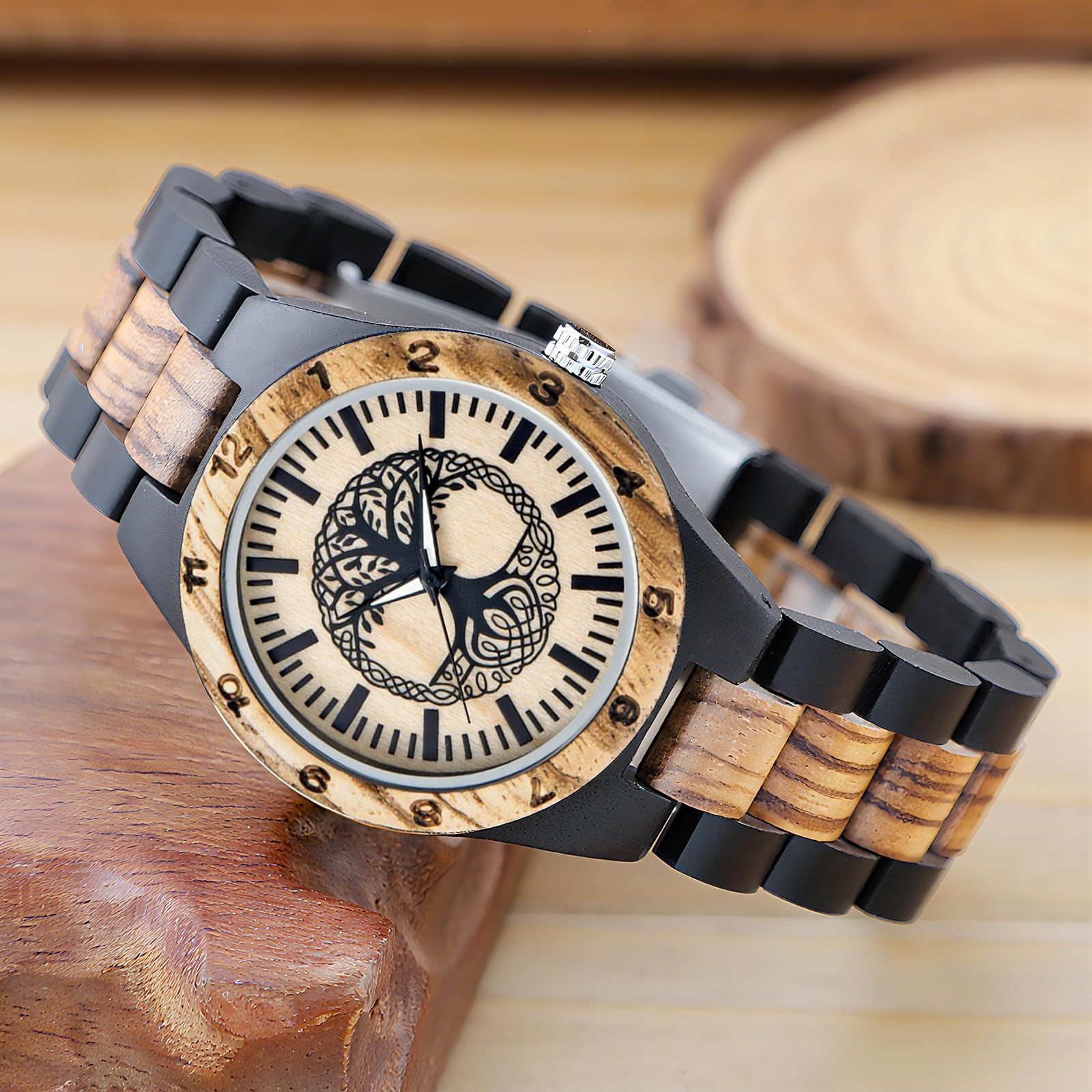Tiong Damen Holzuhr Bunte Bambus Holzuhren Analoge Quarz Damenuhren für Frauen Verstellbar Holz Leichte Armbanduhr