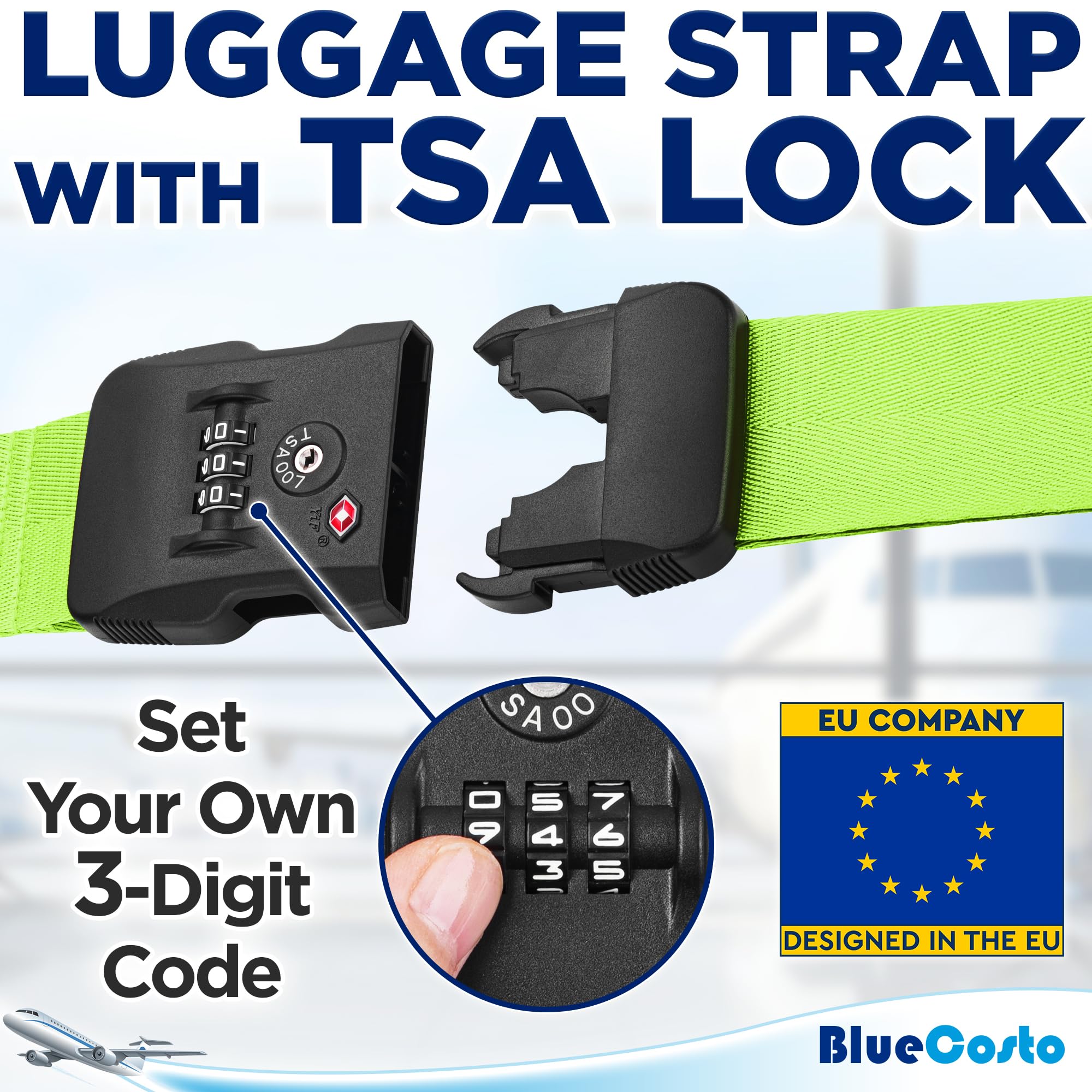 BlueCosto - Luggage Strap with TSA Lock - 2.2 to 4m Adjustable, Neon Green - TSA Approved Suitcase Security Belt with 3 Digit Combination Locking