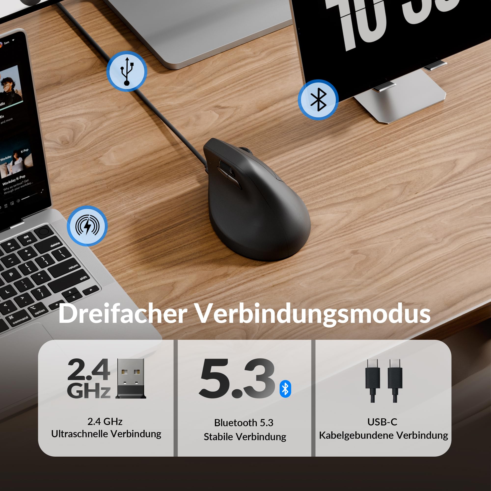 Keychron M5 8K ergonomische Vertikal-Gaming-Maus, 30 000 DPI, 750 IPS, 2,4 GHz/Bluetooth 5,3 / USB-C, 600-mAh-Akku, programmierbar, 8000 Hz kabellos Gaming-Maus für Windows, macOS – Schwarz