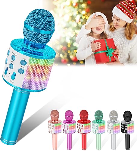 Verkstar - Micrófono inalámbrico para karaoke, altavoz de karaoke Bluetooth micrófono de juguete para niños y adultos cumpleaños con luces LED y