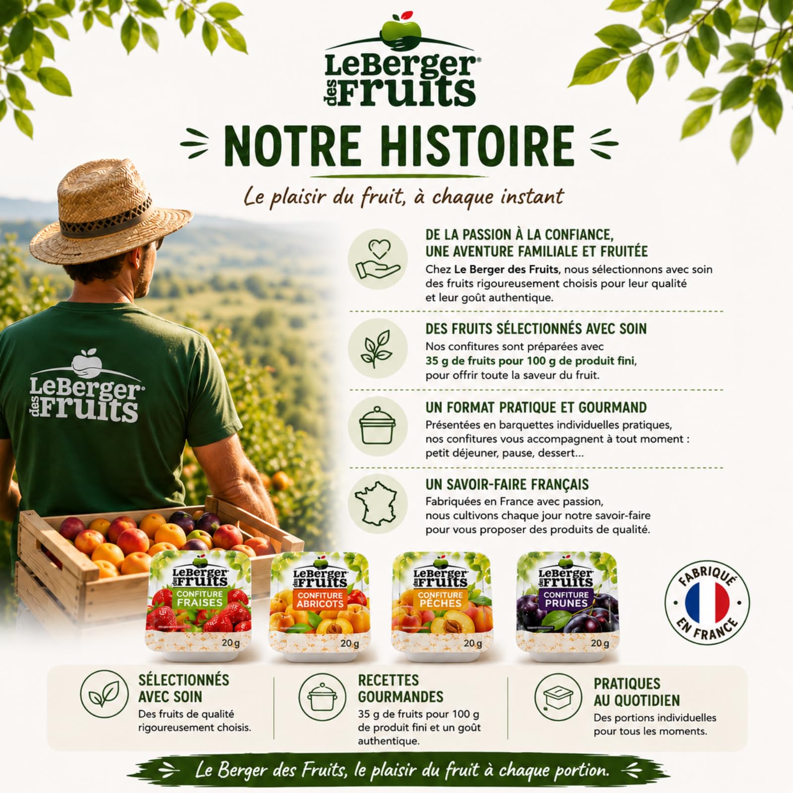 LE BERGER DES FRUITS | 144 barquettes de confiture assortie : prune, pêche, abricot et fraise | portions individuelles de 20 g pour varier les plaisirs au petit déjeuner et au goûter